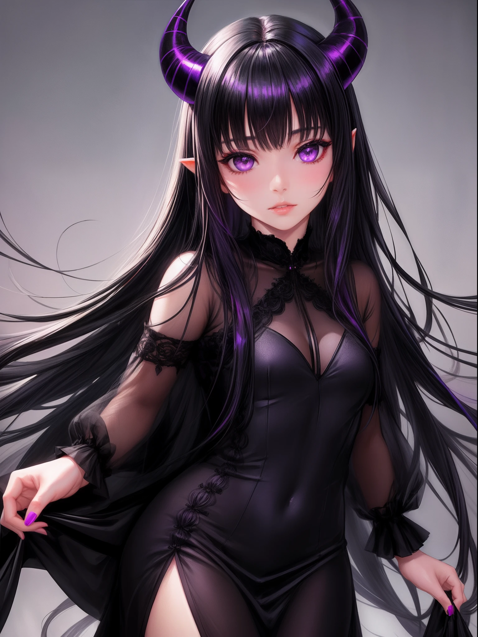 realistic, 1girl, purple eyes, long black hair with fringe, small black demon horns, parted lips, black silk dress