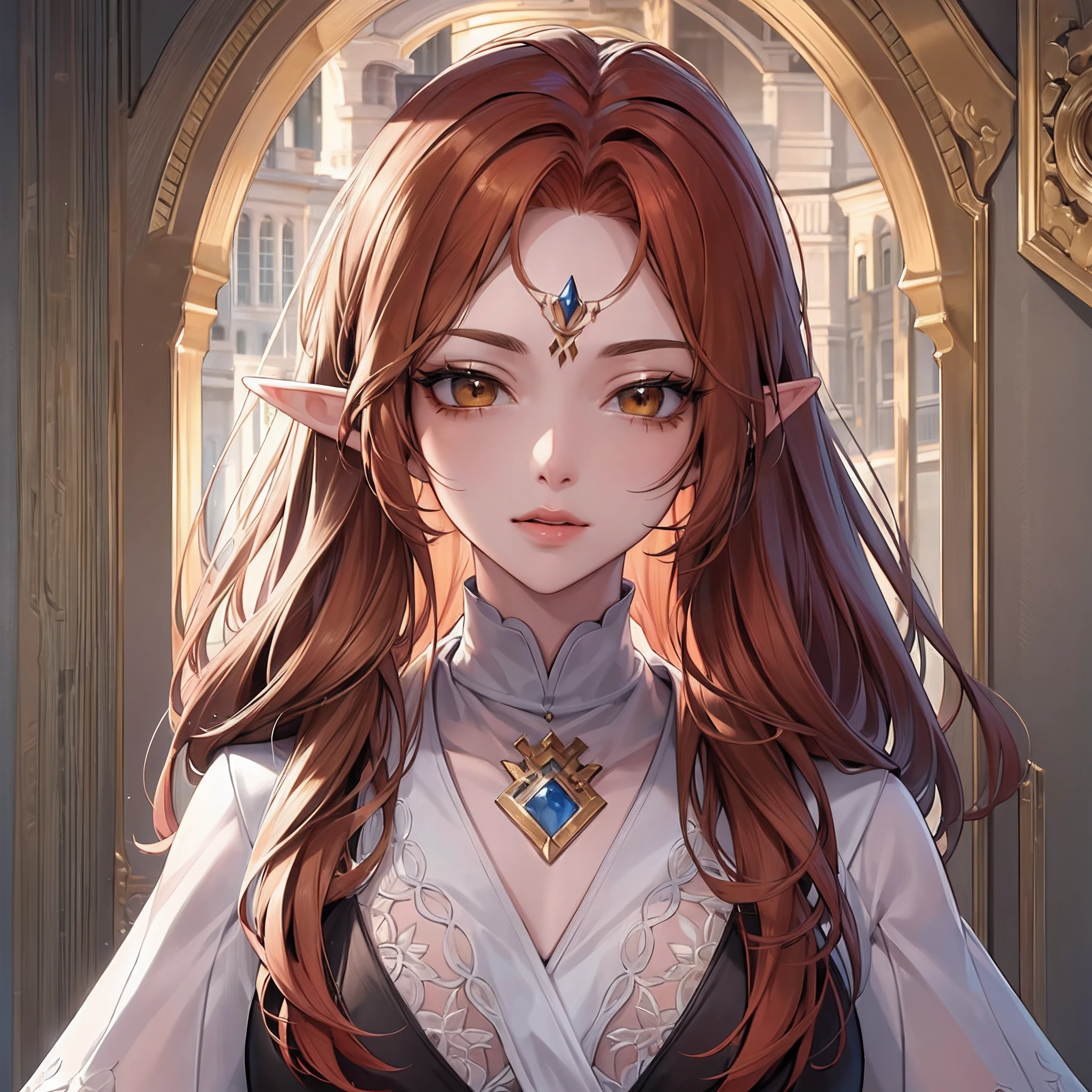 ((Masterpiece)), ((8K)), ((Ultra-detailed)), Amazing, beautiful detail eyes, Finely detailed, ((extremely detailed CG unity 8K wallpapers)), (Best Quality, 8K, 12), Masterpiece, UHD:1.2), hight resolution, sharp-focus, Detailed outfit, beautiful detailed hair, delicate detail, orange hair, red hair, Brown eyes, Yellow eyes, Long hair, elf ears, light skin, middle chest, Face close, Portrait, Turned