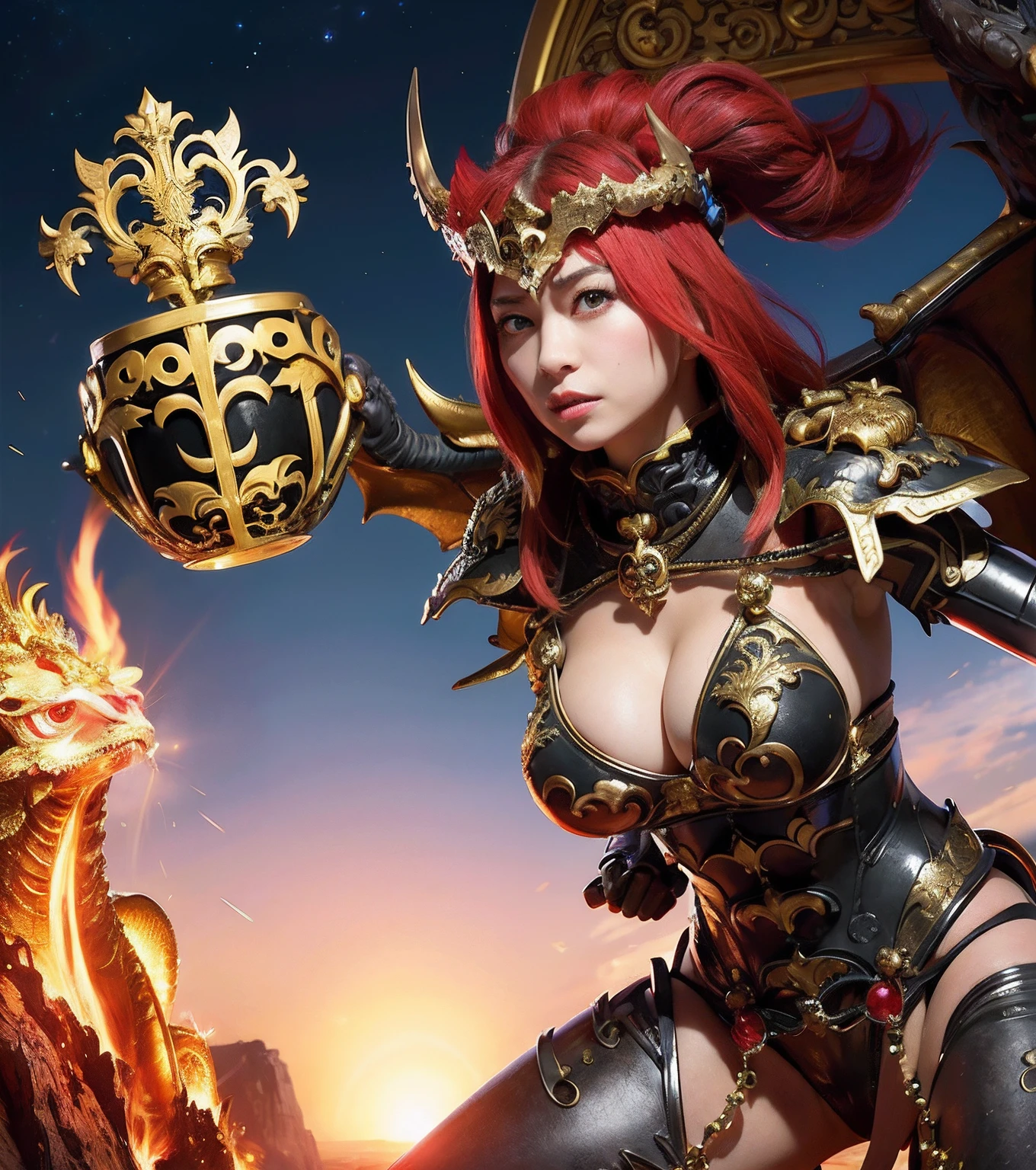 Professional , masterpiece、top-quality、photos realistic , depth of fields (Dragon Black Metal Body:1.9),(Matte Black、(cleavage of the breast)、(Fight dragons)、(Shout with your mouth wide open)、Dragon Gold Weapon、(bikini-armor),Gorgeous gold weapons ,(( Dragon's dense and gorgeous sword)) ,Detail and gorgeous crown、((Red hair))、(Cliff background)、The dragon、((Gangle's forest background))、Beautiful Caucasian beauty、(1a person)、dynamic ungle,(((Detailed and ornate dragon helmet)))、Smaller head、Strange smile、Castle background、Thin and beautiful female hands、cleavage of the breast、Soldier in iron armor on background、Mystical expression、Light Effects、intense fighting、Wind-effect、magic circles、With the legendary magic wand、(demonic wings)、