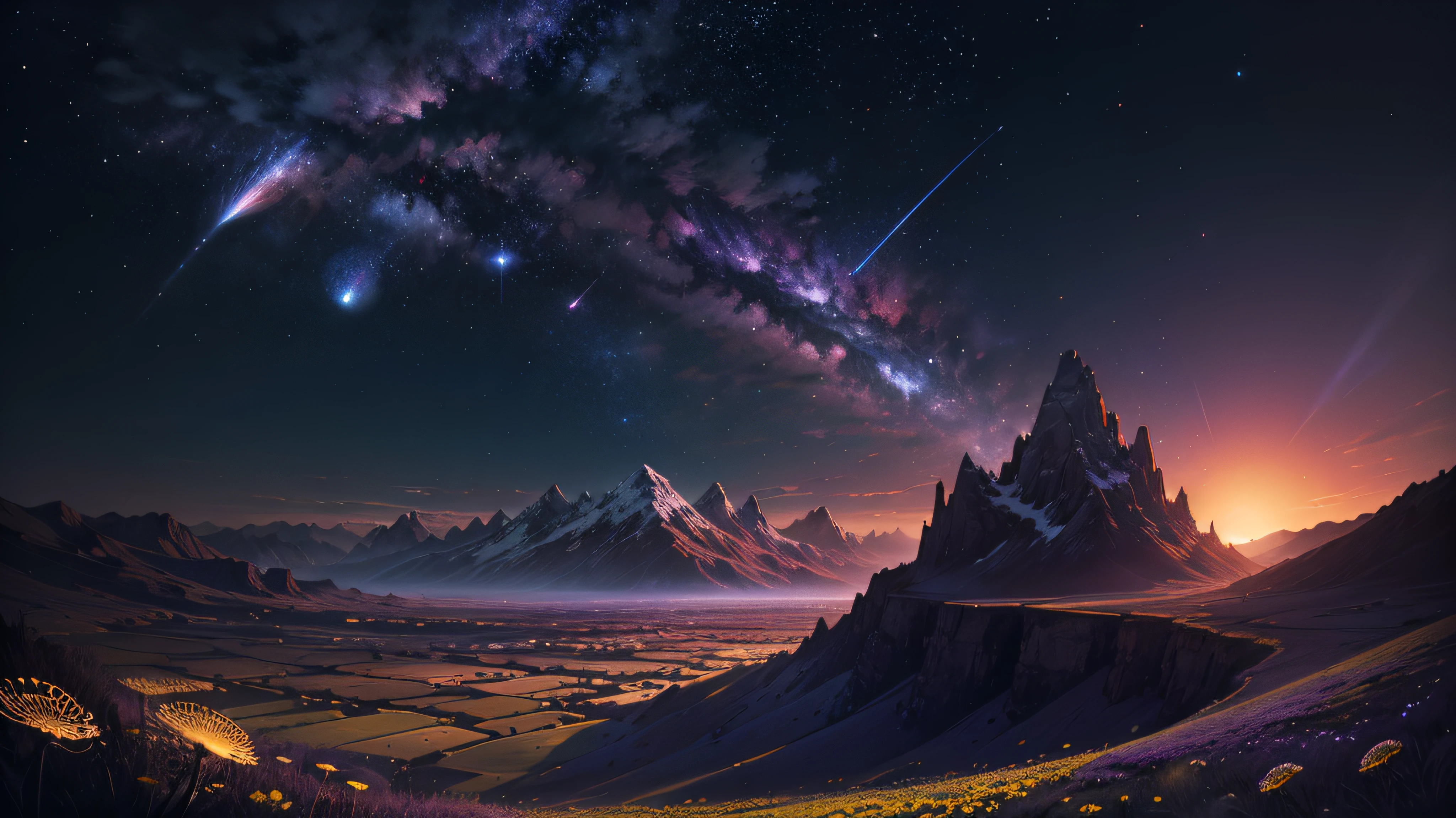 (Absurd, Cinematic, UHD, taller, ultra detailed, ultra detailed), dark purple sky, nebula in the sky, last 5 in the sky, big moon in the sky, flying train, shooting star, dandelion field, mountain, oil painting, detailed dandelion field, detailed sky, sunset