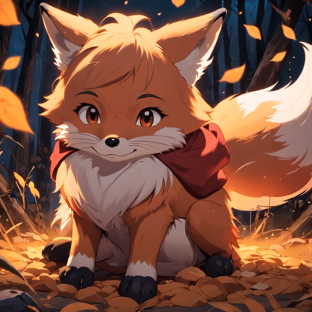 Adorable fox in disney movie style, usando um capuz, cinematic lighthing, Depth detection, hiper detalhada, qualidade 8k.