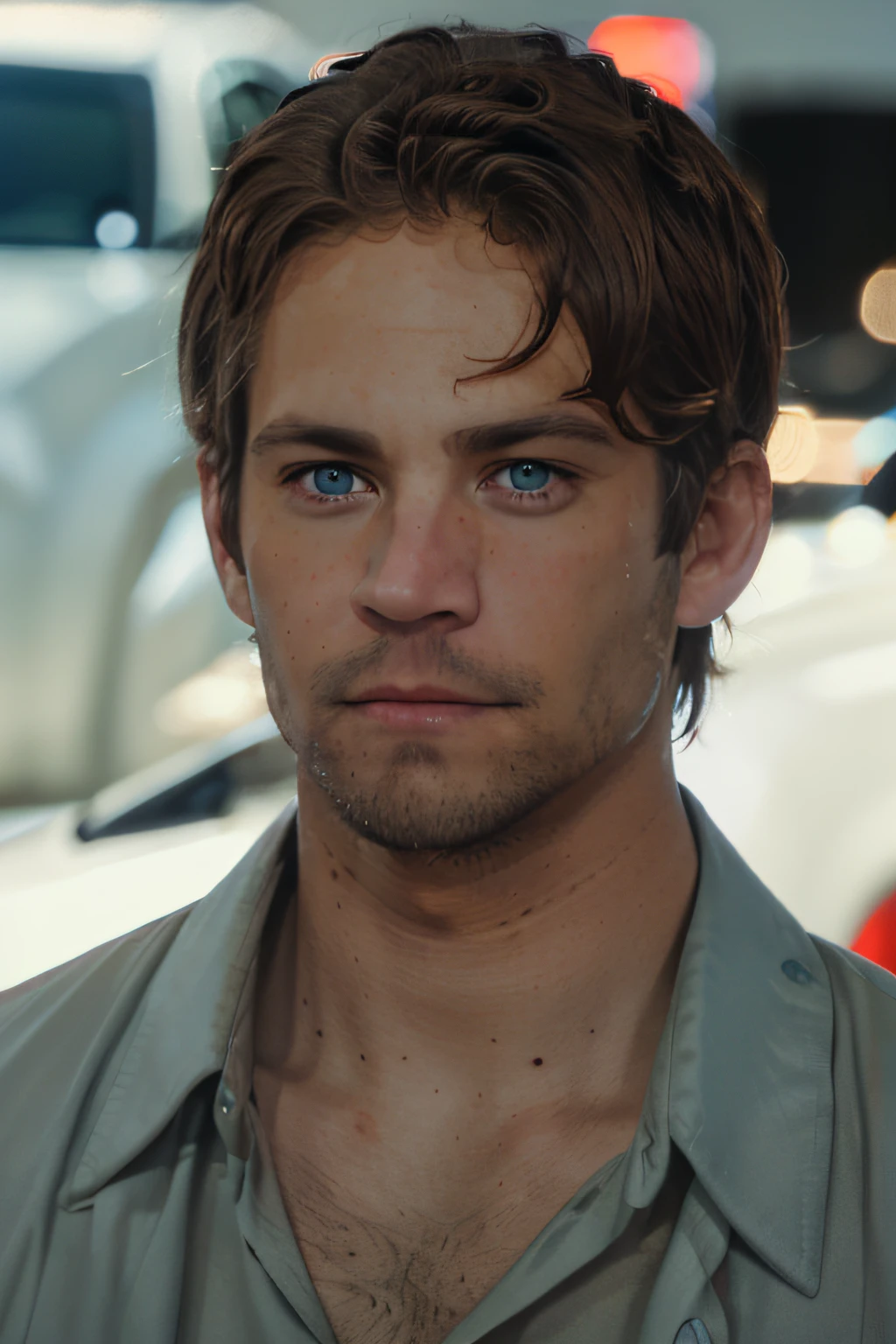 cinematic photo p4ul wearing a mechanic's suit, in a car repair shop, blue skyline r34,r34, realistic, facial hair, shirt, beard, blue eyes,brown hair, collared shirt,looking at viewer,. 35mm photograph, film, bokeh, professional, 4k, highly detailed