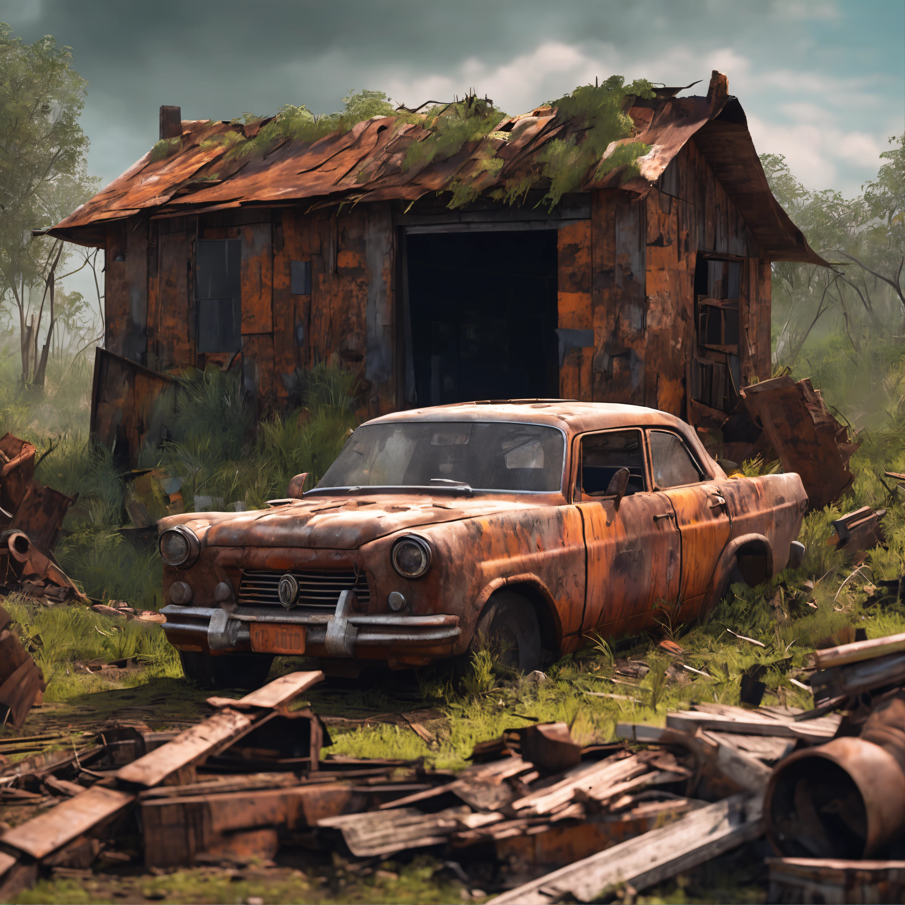 Rusted out old car on blocks with a wooden shack with a sheet metal roof in the background. by pascal blanche, neil blevins, thomas kinkade, apocalyptic color palette, trending on artstation, photorealistic, neon ambiance, ultra detailed, high definition, depth of field, bokeh, rubble, wild vegetation, building crumbling