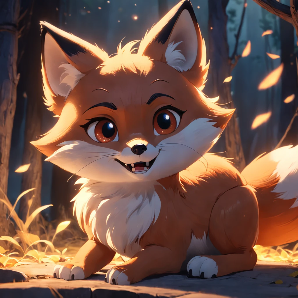 Adorable fox in disney movie style, usando um casacp com oculos na frente, cinematic lighthing, Depth detection, hiper detalhada, qualidade 8k.