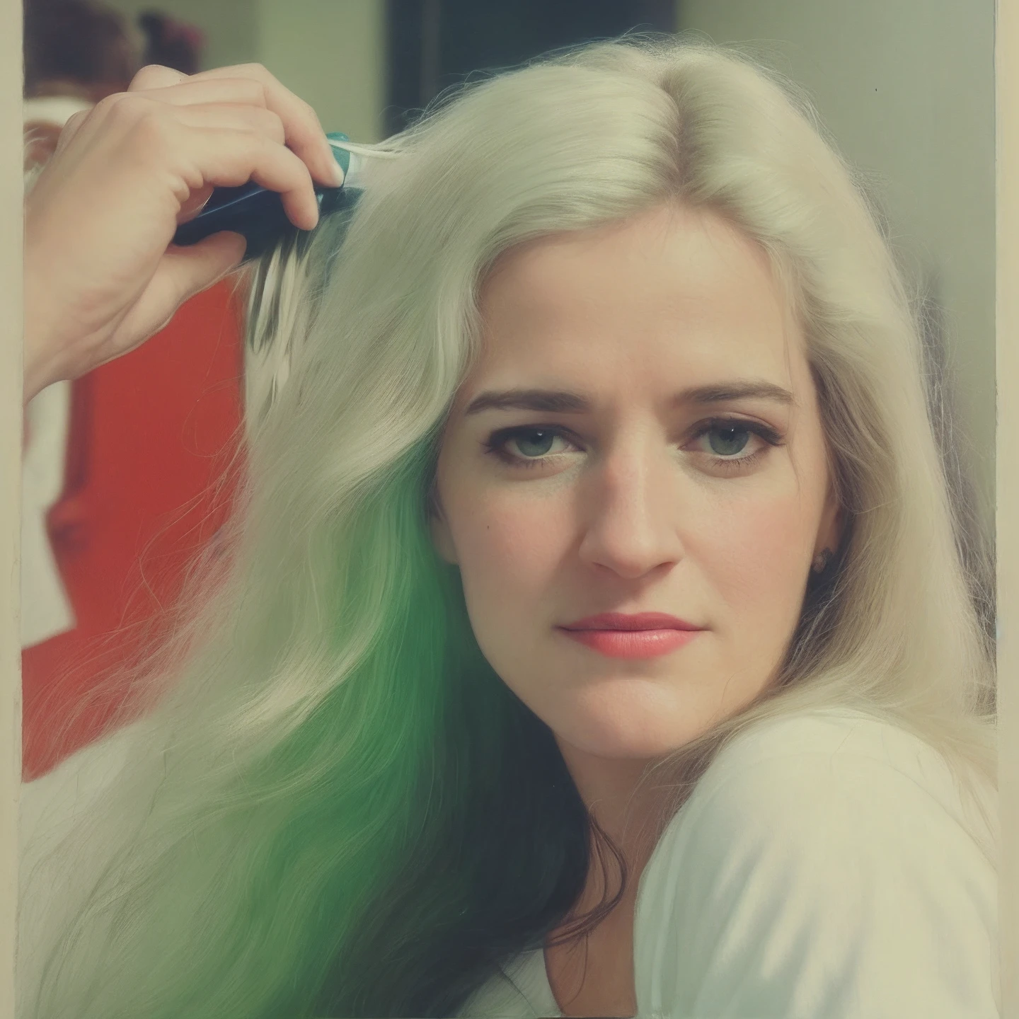 There is a woman who is brushing her hair with a comb, filme retrato em close-up ainda, Imagens granuladas em preto e branco, Retrato de Eva Green, Eva Verde, na casa dos 20 anos, teste de tela inicial, & her expression is solemn, inspired by Marina Abramović, foto granulada de uma mulher feia, retrato preto e branco, Filme Retrato