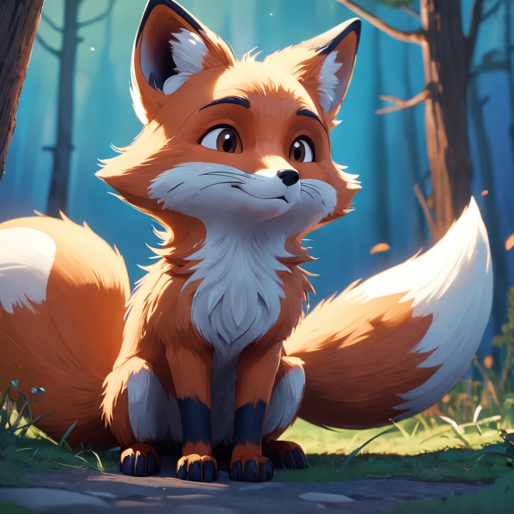 Adorable fox in Pixar movie style, usando um capuz, cinematic lighthing, Depth detection, hiper detalhada, qualidade 8k.