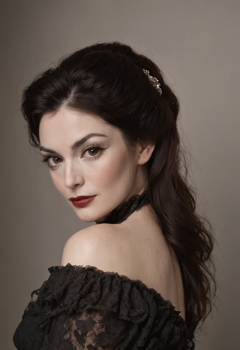 Edwige Fenech is captured in a photograph taken by Nan Goldin, (high detailed skin:1.2), 8k uhd, dslr, soft lighting, high quality, film grain, Fujifilm XT3