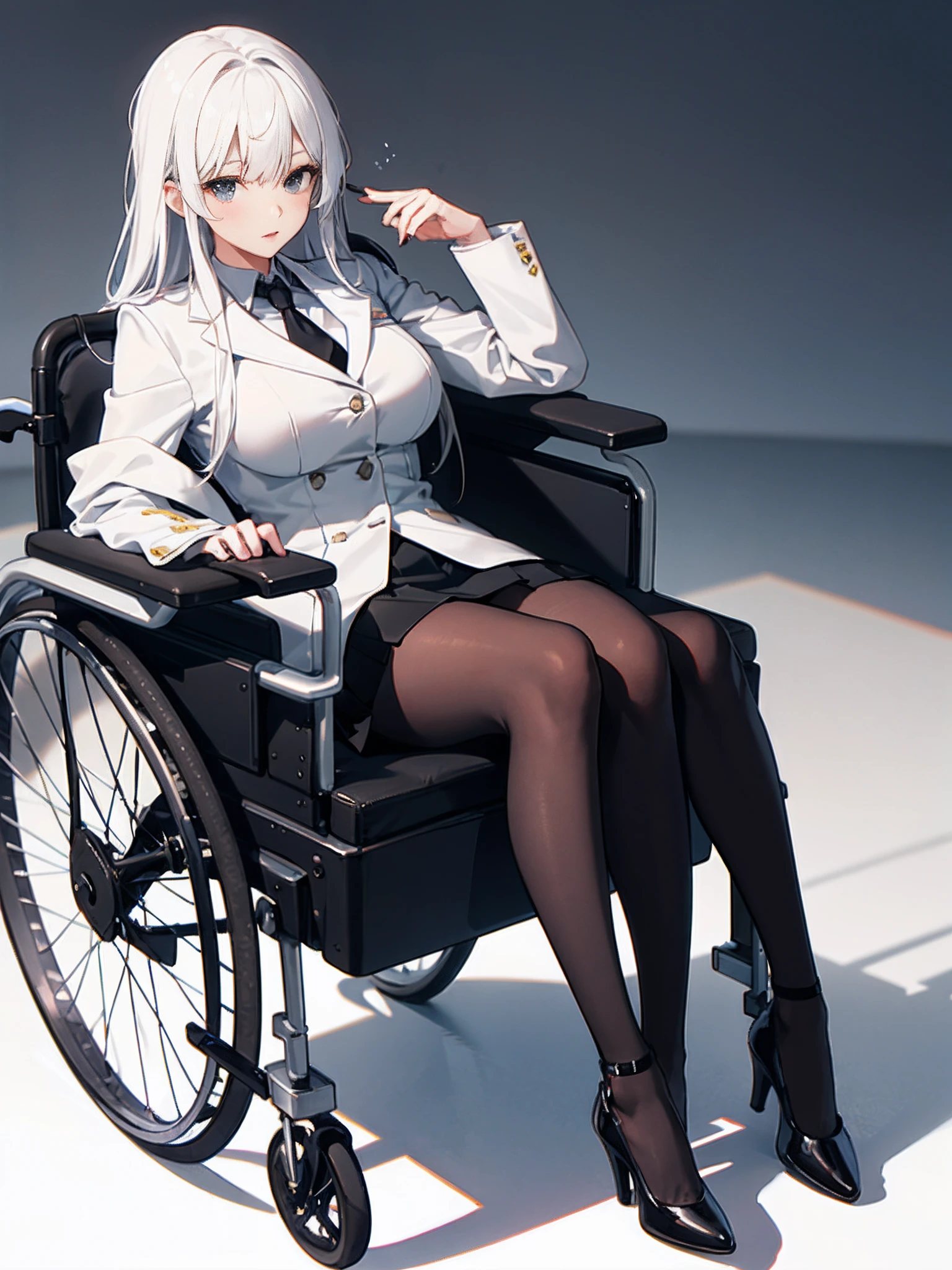 1girll, Large breasts, Solo,Black hip skirt Black tights，white Heels, White coat，long whitr hair, Black eyes,, White hair, wheelchair