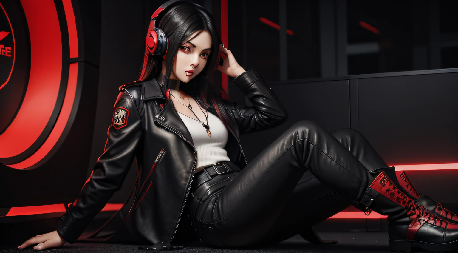 1girl, long black hair with red highlights, gaming headset, black leather coat, black leather boots, necklace