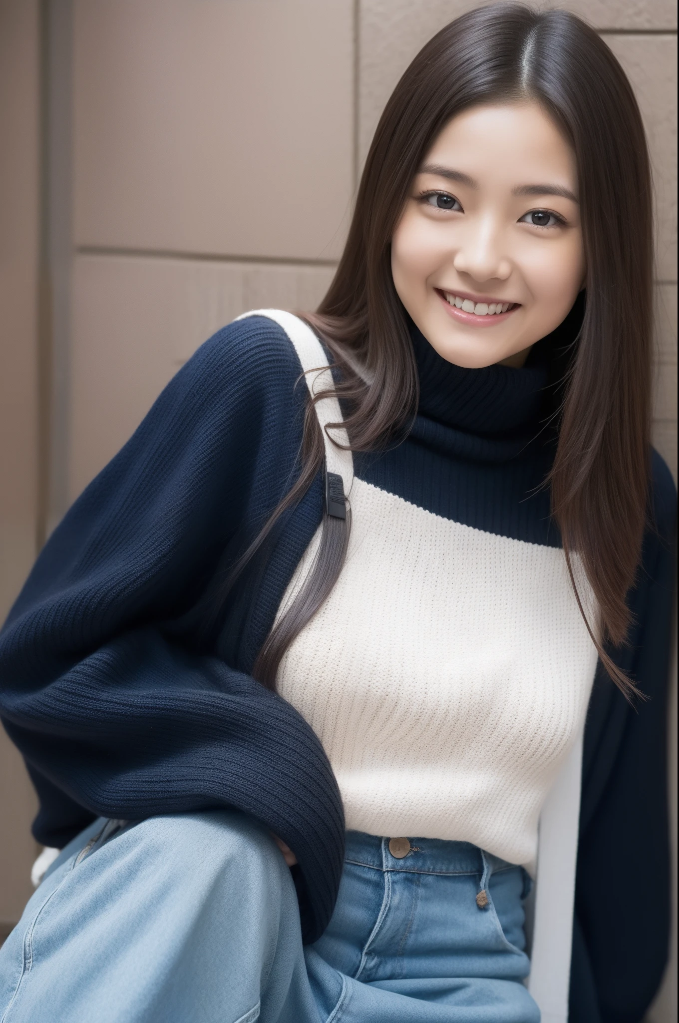 The background is Osaka、Glico、Shinsaibashi、knit、turtle neck、Korea person、A dark-haired、Cat face、Oku Duplex、On the tip of the nose、Soft lips、Height 158cm、D-cups、Full body black knit clothes、skiny、full body Esbian、Skinny Legs、8K high image quality、Shigemori Satomi、Satomi Ishihara、A smile、hi-school girl、High school students、a 、Only one person、Sitting,