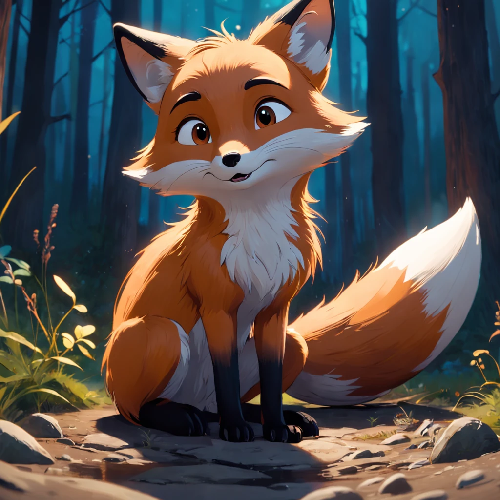 Adorable fox in Pixar movie style, usando um capuz, cinematic lighthing, Depth detection, hiper detalhada, qualidade 8k.