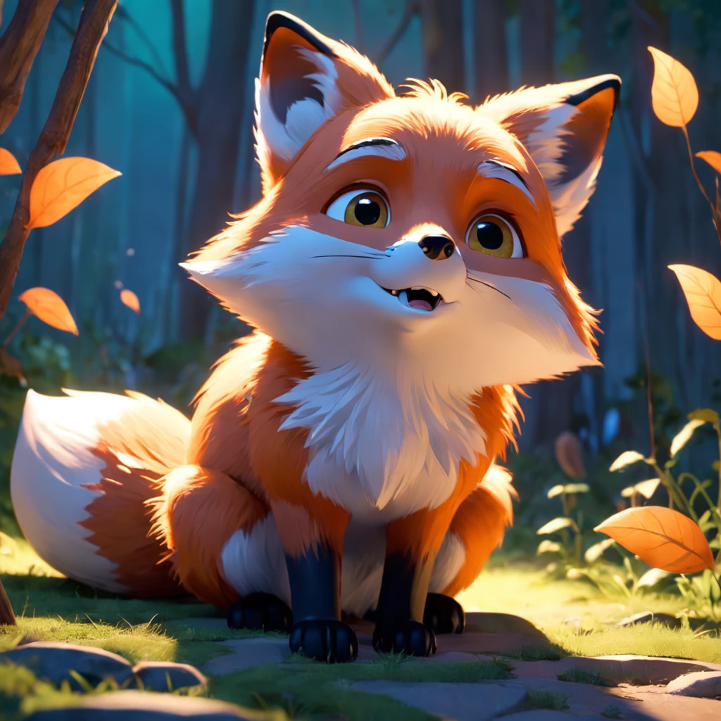 Adorable fox in Pixar movie style, usando um capuz, cinematic lighthing, Depth detection, hiper detalhada, qualidade 8k.