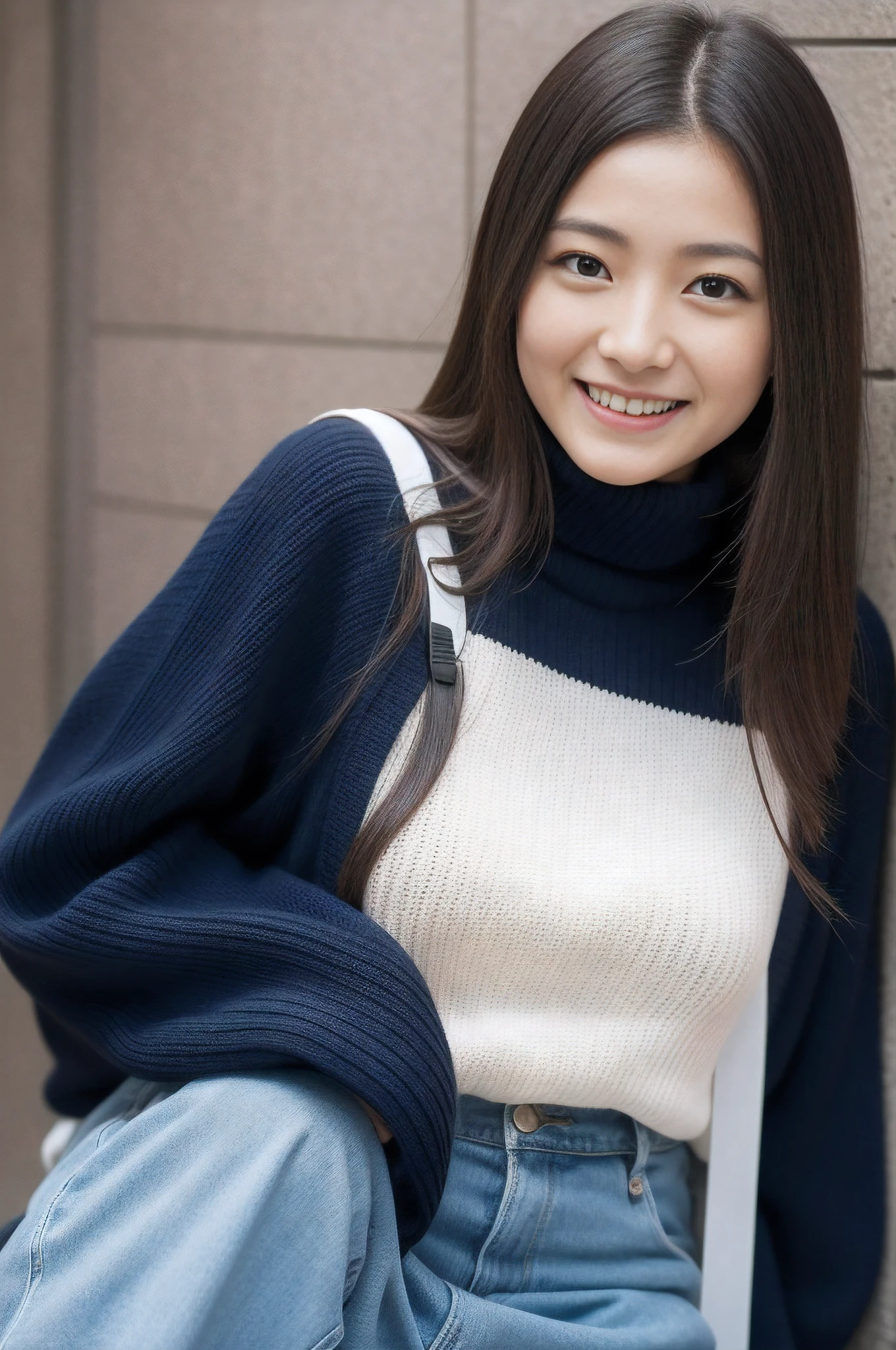The background is Osaka、Glico、Shinsaibashi、knit、turtle neck、Korea person、A dark-haired、Cat face、Oku Duplex、On the tip of the nose、Soft lips、Height 158cm、D-cups、Full body black knit clothes、skiny、full body Esbian、Skinny Legs、8K high image quality、Shigemori Satomi、Satomi Ishihara、A smile、hi-school girl、High school students、a baby face、Only one person、Sitting,