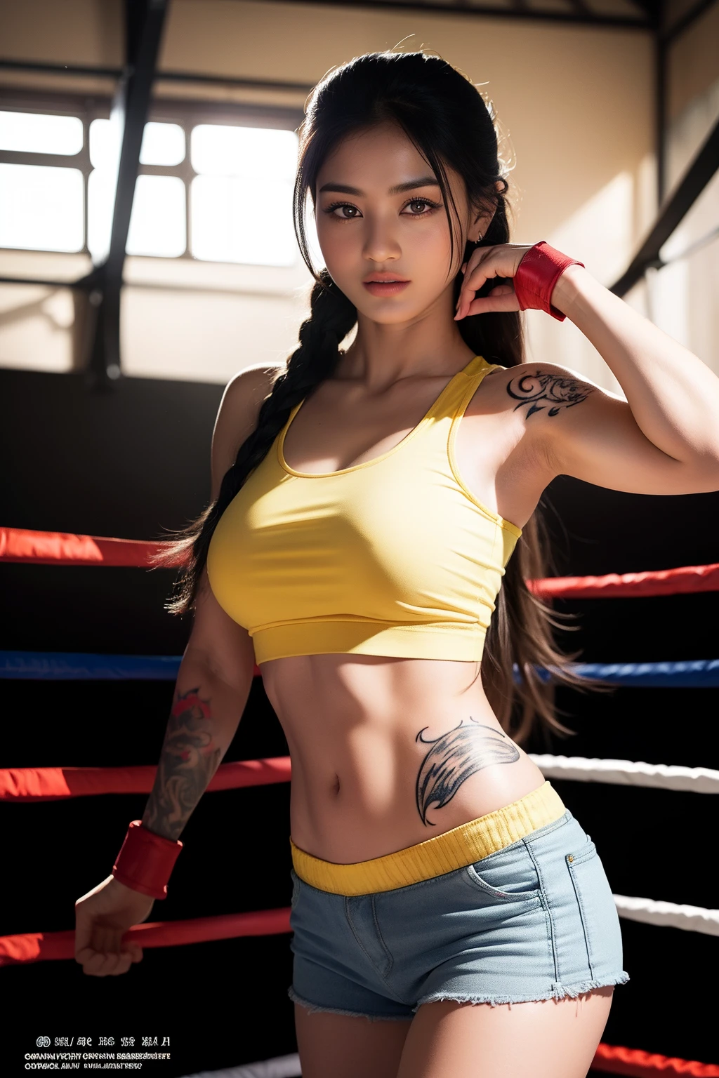 (masterpiece:1.3), (bestquality:1.2), (intricate detailed:1.2), (hyperrealistic:1.2), (Photograpy Professional:1.1), high-detail, illustration,.., scenary, detailed background, Background blur, Focus,Incredibly realistic and beautiful images of a girl wearing a yellow tank top......, Yellow shorts, Moon pattern tattoo that looks great on the body....., Black Dutch braid , paragraph., ((Crescent moon tattoo on women's shoulder))., With the highest quality of detail and shading.......,,natural light,The backdrop is a boxing ring.......,Sandbags,Combat gloves, Stand up and fight..,Strong posture,slight smile....,Dynamic Poses,On the boxing ring,audience, firelight, Night view, (fantasy:1.2), looking at the audience, Dynamic angle shooting,