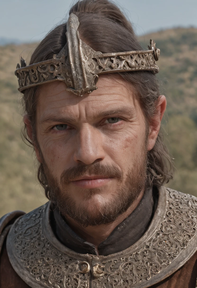film-like composition, slow motion, (Plano medio de un caballero medieval, Grim and weathered face, barba, cana:1.2), cota de malla y armadura de placas, (realista y detallado|armadura intrincada:1.1), (cara visible:1.3), (Photorealistic physiognomy|ojos|iris|piel|musculatura, Piel detallada, textura de la piel, piel natural), (sosteniendo una espada en la mano:1. 2), Perspectiva frontal, Pose imponente y decidida, Looking forward with determination, imperfecciones de la piel, arrugas naturales de la piel, manchas naturales en la piel, Ropa muy detallada, Abundantes detalles, Detalles intrincados, arrugas realistas en la ropa, medieval fantasy landscape, cielo nublado, Castillo en el fondo en la distancia, radiant lighting, Sombras profundas, dramatic scene, Dark and cool color palette, Tonos azules y grises, No hay otros personajes en la escena, Abundante detalle|intrincado, Paisaje detallado, volumetric illumination, (detailed lighting), (Reflejos de luz detallados en la armadura:1. 1), 8k, Altamente detallado, UHD, HDR, Photorealistic facial expression|peinado