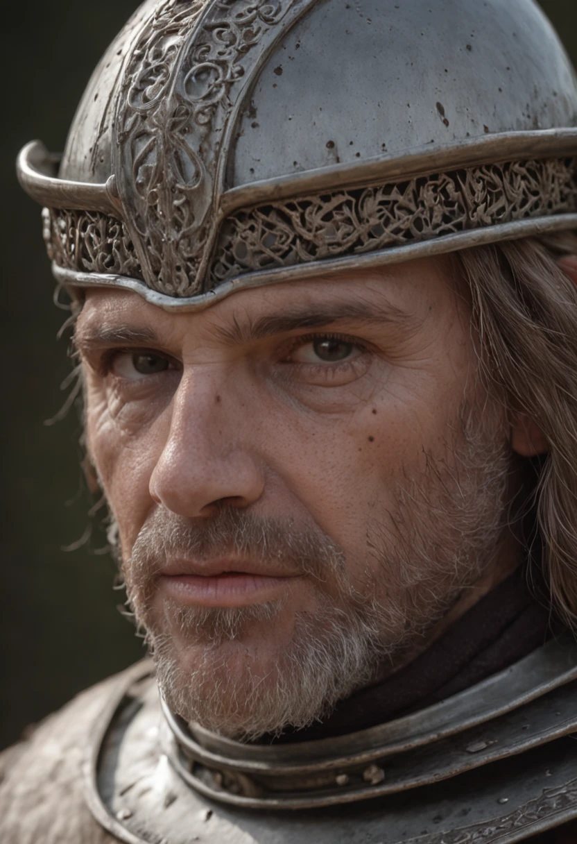 film-like composition, slow motion, (Plano medio de un caballero medieval, Grim and weathered face, barba, cana:1.2), cota de malla y armadura de placas, (realista y detallado|armadura intrincada:1.1), (cara visible:1.3), (Photorealistic physiognomy|ojos|iris|piel|musculatura, Piel detallada, textura de la piel, piel natural), (sosteniendo una espada en la mano:1. 2), Perspectiva frontal, Pose imponente y decidida, Looking forward with determination, imperfecciones de la piel, arrugas naturales de la piel, manchas naturales en la piel, Ropa muy detallada, Abundantes detalles, Detalles intrincados, arrugas realistas en la ropa, medieval fantasy landscape, cielo nublado, Castillo en el fondo en la distancia, radiant lighting, Sombras profundas, dramatic scene, Dark and cool color palette, Tonos azules y grises, No hay otros personajes en la escena, Abundante detalle|intrincado, Paisaje detallado, volumetric illumination, (detailed lighting), (Reflejos de luz detallados en la armadura:1. 1), 8k, Altamente detallado, UHD, HDR, Photorealistic facial expression|peinado