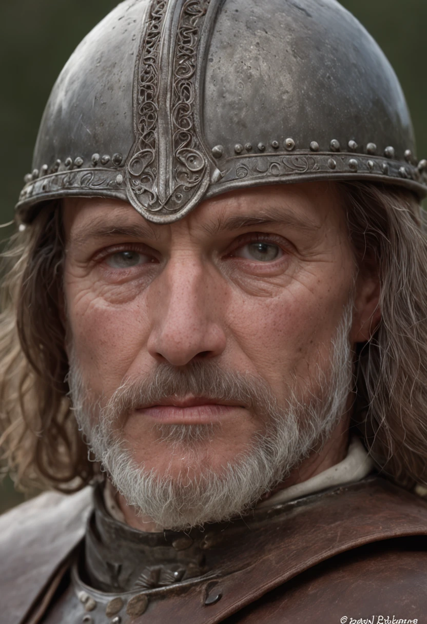 film-like composition, slow motion, (Plano medio de un caballero medieval, Grim and weathered face, barba, cana:1.2), cota de malla y armadura de placas, (realista y detallado|armadura intrincada:1.1), (cara visible:1.3), (Photorealistic physiognomy|ojos|iris|piel|musculatura, Piel detallada, textura de la piel, piel natural), (sosteniendo una espada en la mano:1. 2), Perspectiva frontal, Pose imponente y decidida, Looking forward with determination, imperfecciones de la piel, arrugas naturales de la piel, manchas naturales en la piel, Ropa muy detallada, Abundantes detalles, Detalles intrincados, arrugas realistas en la ropa, medieval fantasy landscape, cielo nublado, Castillo en el fondo en la distancia, radiant lighting, Sombras profundas, dramatic scene, Dark and cool color palette, Tonos azules y grises, No hay otros personajes en la escena, Abundante detalle|intrincado, Paisaje detallado, volumetric illumination, (detailed lighting), (Reflejos de luz detallados en la armadura:1. 1), 8k, Altamente detallado, UHD, HDR, Photorealistic facial expression|peinado