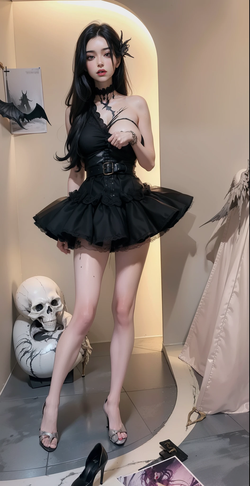 Fine matte paint,Skeleton Dark Angel,8K quality,poster for,Haunted castle with large wings, Fill the drawing table with a knife,terroral,uncanny,horrid,secret terror,tentaculata,grape trees,The eye,uncanny valley effect teeth,all fours,Critters,Blood Moon,super high image quality,Sexy beauty,The picture quality is clear,the feet,high-heels