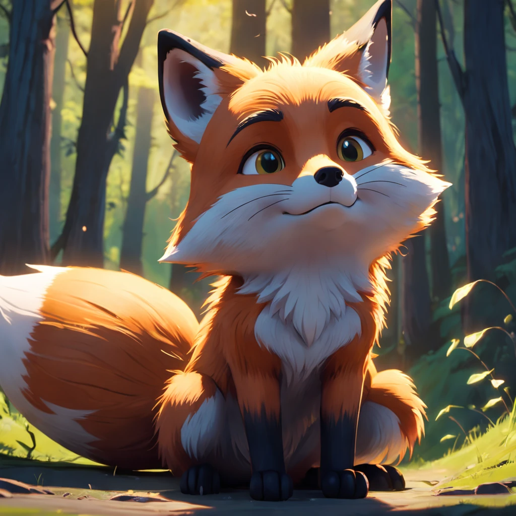 Adorable fox in Pixar movie style, usando um capuz, cinematic lighthing, Depth detection, hiper detalhada, qualidade 8k.