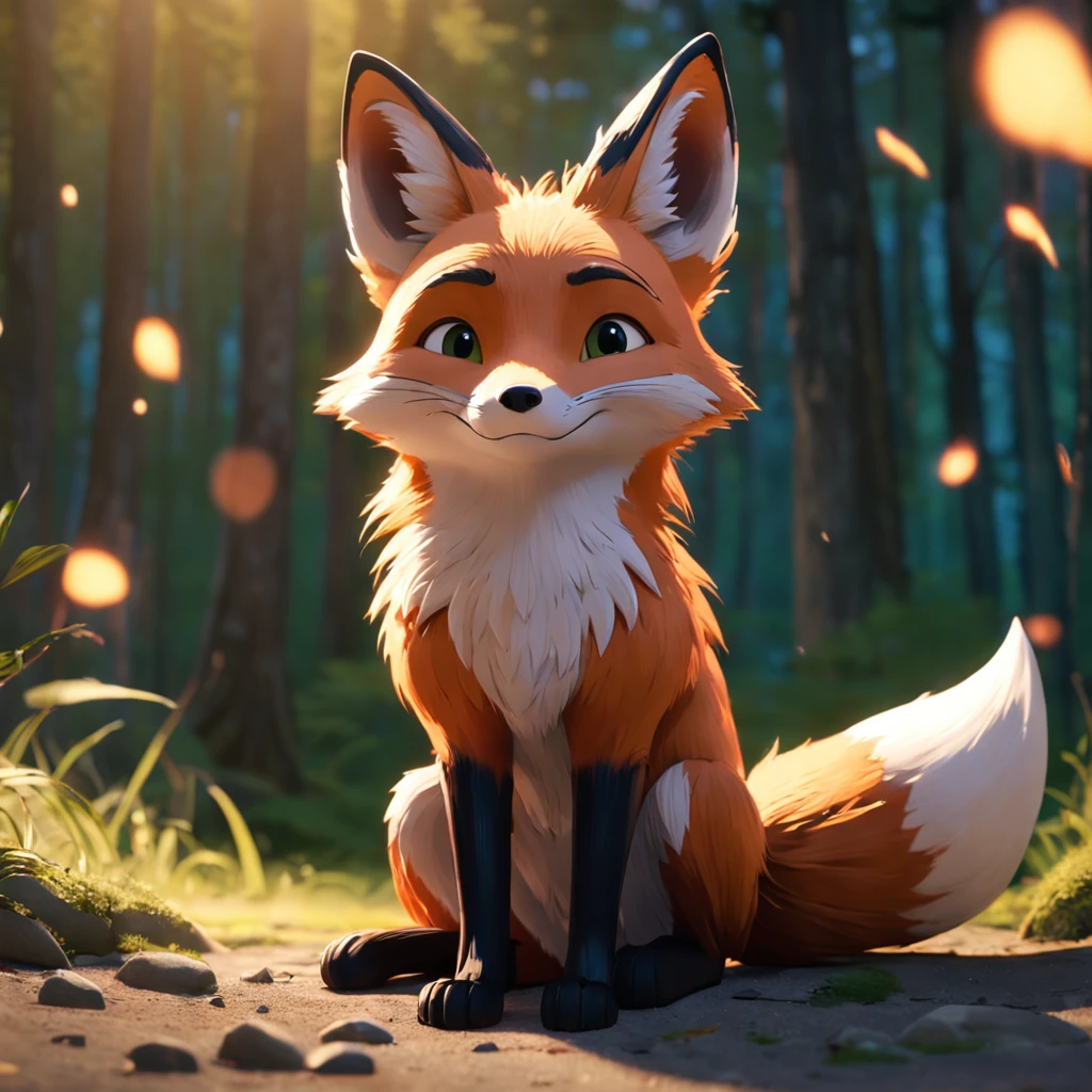 Adorable fox in Pixar movie style, usando um capuz, cinematic lighthing, Depth detection, hiper detalhada, qualidade 8k.