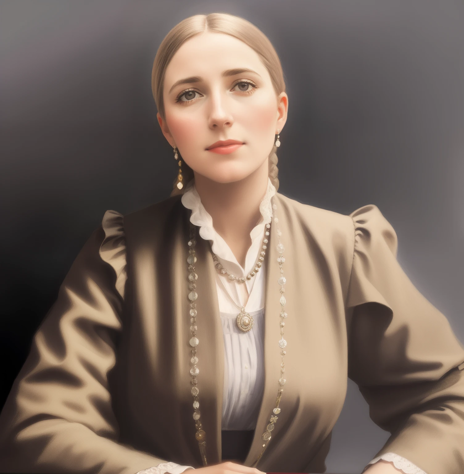 There is a woman in a dress and necklace sitting at the table, inspirado em Ada Gladys Killins, inspirado por Constance Gordon-, inspirado em Violet Oakley, inspirado por Clara Miller Burd, inspirado em Olive Mudie-Cooke, retrato feminino realista, inspirado em Violet Fuller, inspired by Maria Johanna Görtz, inspirado em Harriet Backer