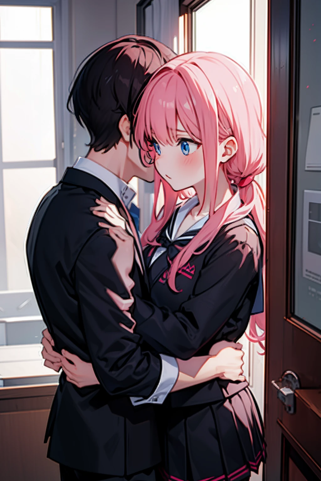 Girl with pink hair , black blazer , Japan School Uniform , school uniform shirt kissing boy