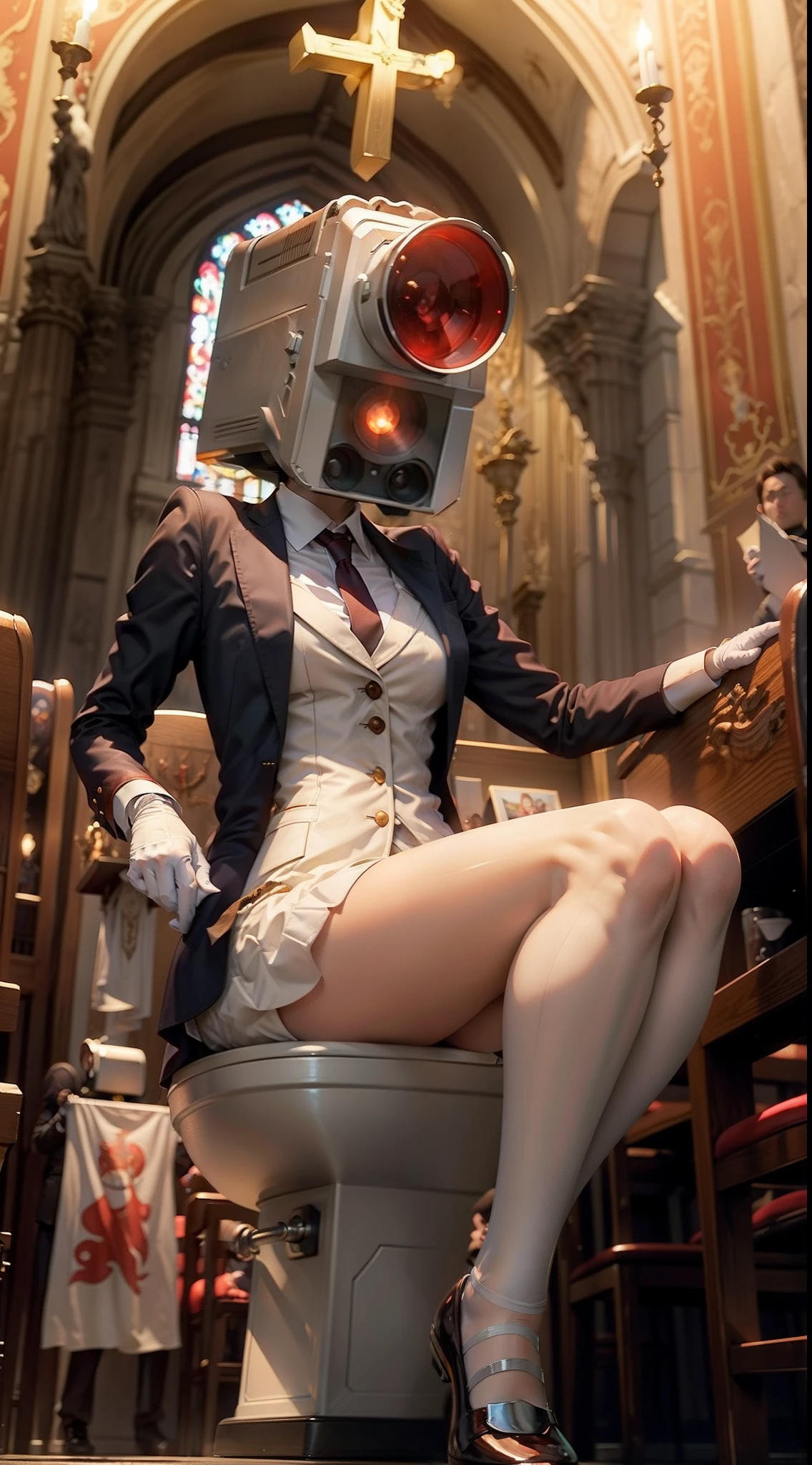 ((Masterpiece, best quality)) , Princess Peach  cameraotoko, on toilet, (heaven nimbus:1.2), in church