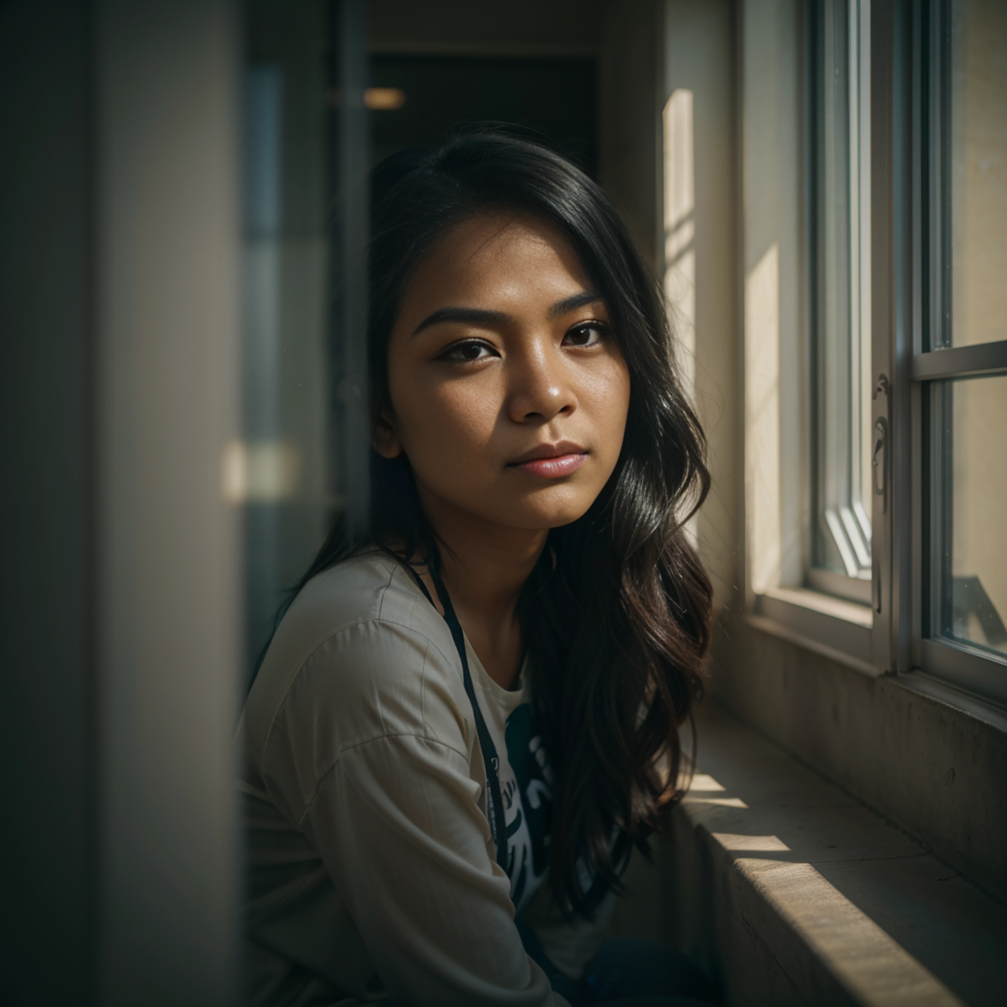 (raw photograph, retro camera, masterpiece, shallow depth of field, colour graded, shallow black, narrow angle), a dynamic portrait of one young Filipina woman, she is sitting on a window sill in a concrete building, looking out the window, light bloom, light smudge, sunlight on her face, complex character, authentic facial expression evoking emotions, deep gaze, detailed and pronounced eyes