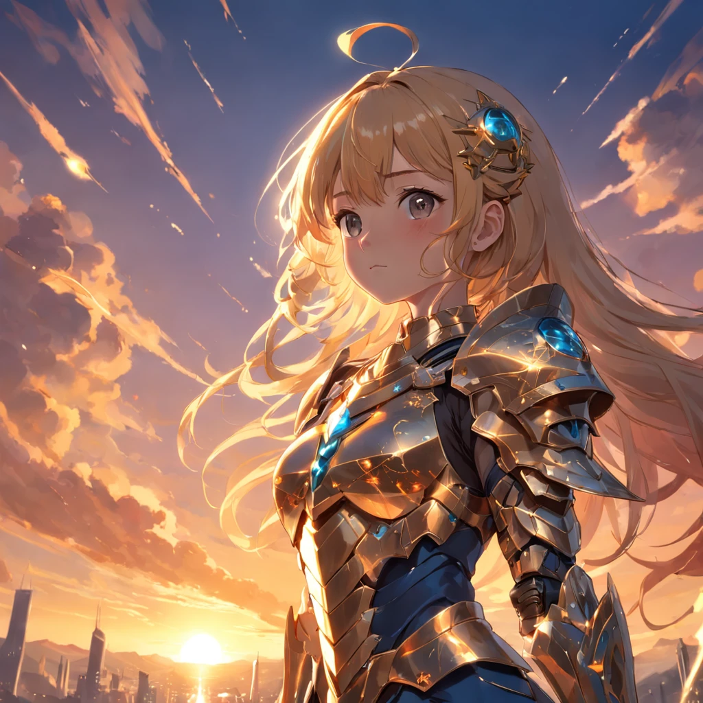obra-prima, melhor qualidade, filme ainda, 1girl, garota nuvem, floating into the sky, close-up, brilhante, feliz, Soft lighting and Warm, sun sunset, (Sparks: 0,7)Ela veste uma armadura elaborada, destacando o carmesim como cor principal. The armor is richly adorned with golden details, representing their importance and courage. The shoulder pads and elbow pads feature intricate gold patterns