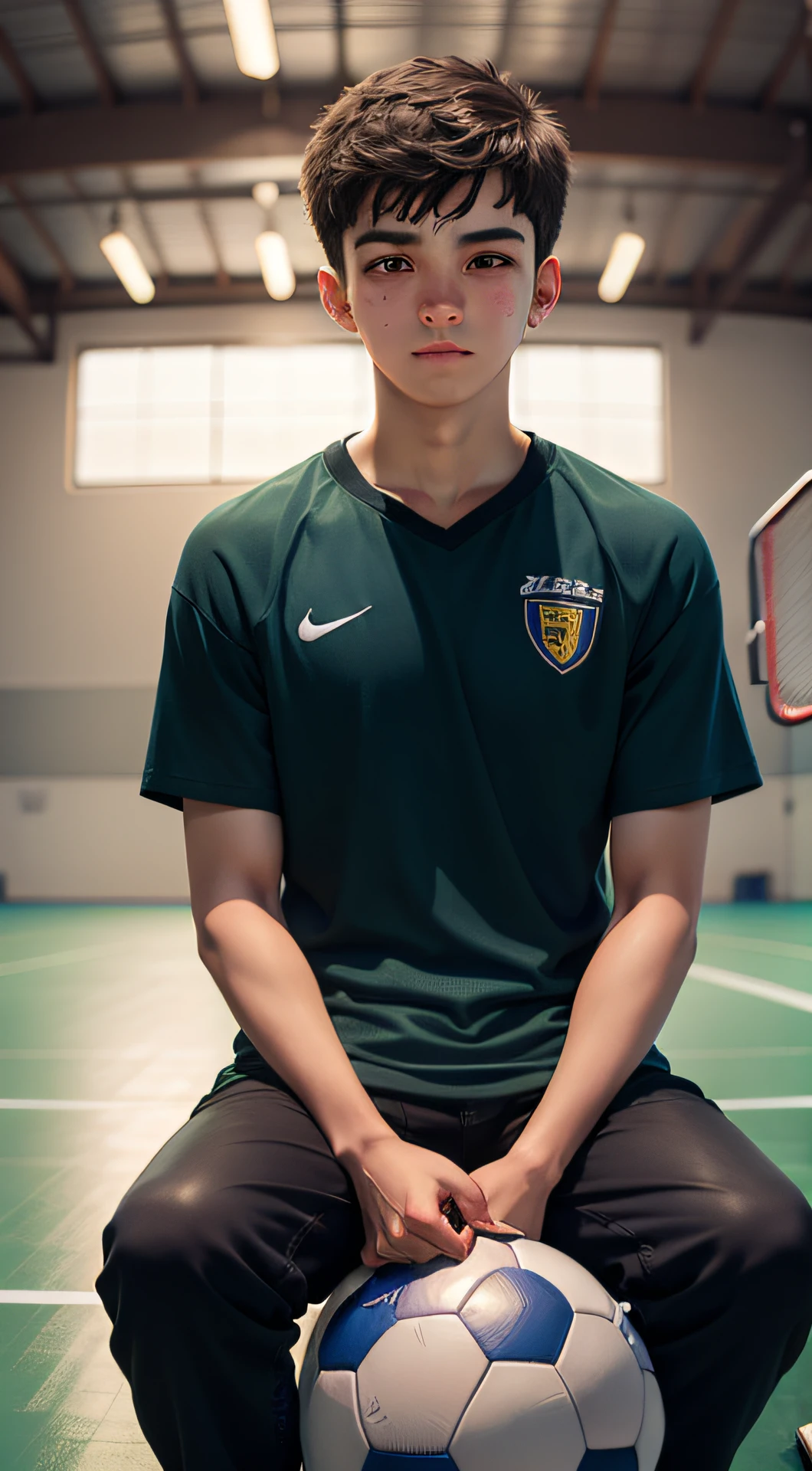 An 18-year-old boy looking into the camera on an indoor soccer court