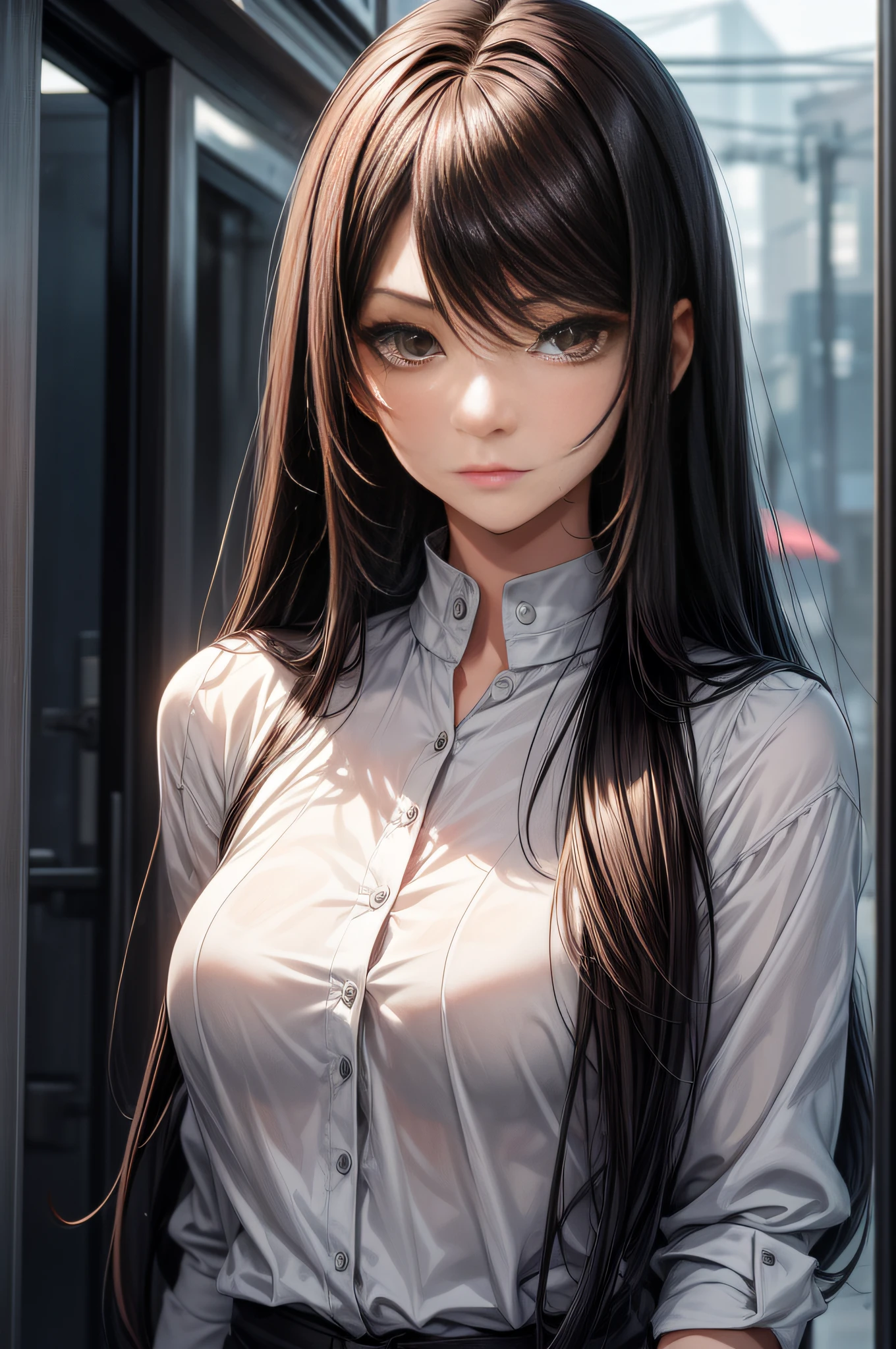 woman in her mid-30s, with long black hair and brown eyes. She is a tall, slender woman with an upright posture and a knowing expression on her face.lhado, wet