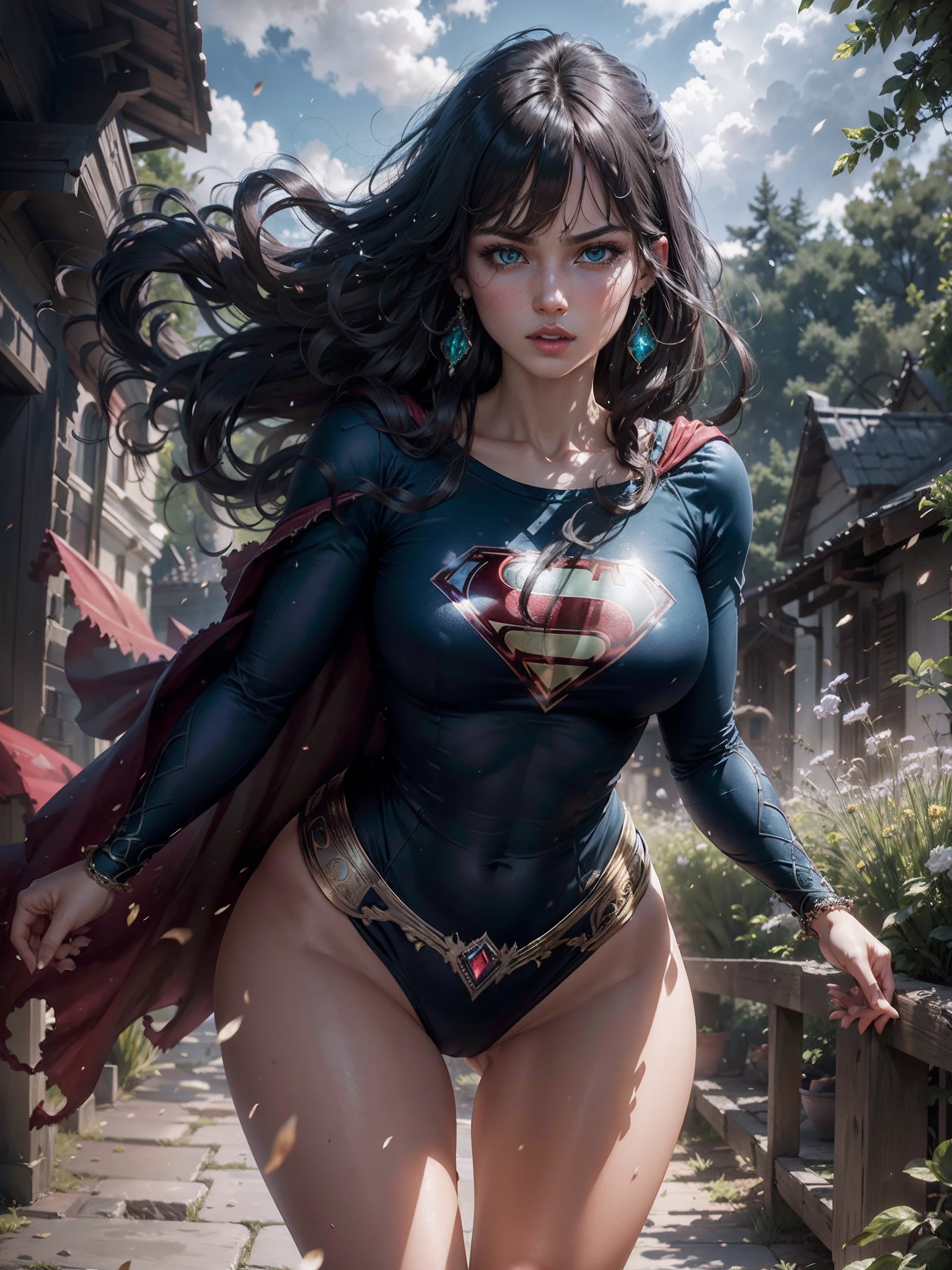 Ultra-realistic 8k CG,masterpiece,((ultra-detailed background, delicate pattern, intricate details)),best quality,very detailed face,extremely detailed eyes and face,(extremely detailed eyes:1.2),(masterpiece:1.2, best quality),Supergirl((wearing punisher t-shirt)),1woman,green eyes,black hair,solo,looking at viewer,red lips,makeup,hair ornament,earrings,jewelry,solo,long hair,angry,closed mounth,cinematic lighting,angelic ritual, moaning from unknown pleasure, green particles,detailed background,complex structures,hyperdetailed sharp face,dynamic pose,Sunny day,Sun,Light,Tindal effect,Ancient towns in America,Charming posture,Cloud,(fantasy illustration:1.3),enchanting gaze,captivating pose,otherworldly charm,mystical sky,soft colors,(detailed cloudscape:1.3),(high-resolution:1.2),ulzzang-6500