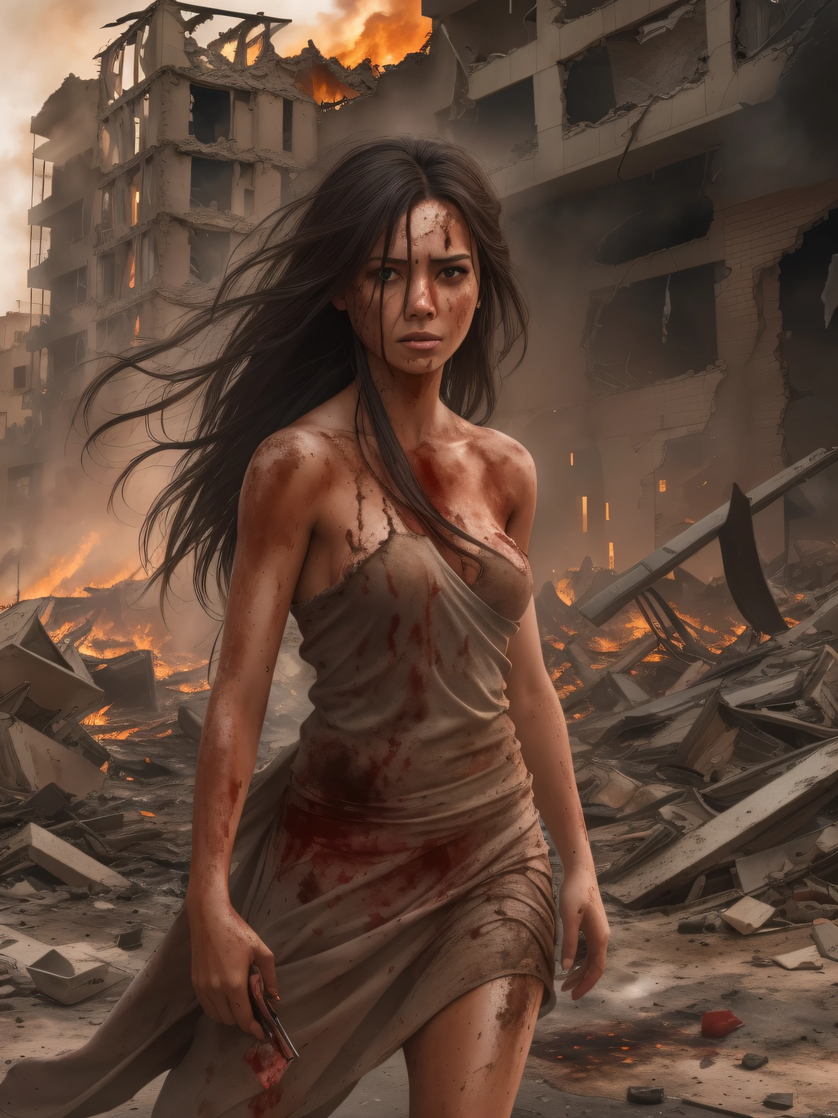A tanned woman with very long hair stumbles with a naked upper body, with a bleeding bullet wound in her right shoulder; full of mud, blood, wounds, and with a torn skirt through the streets of a destroyed city. Explosions and fires everywhere ravage the ruined city.