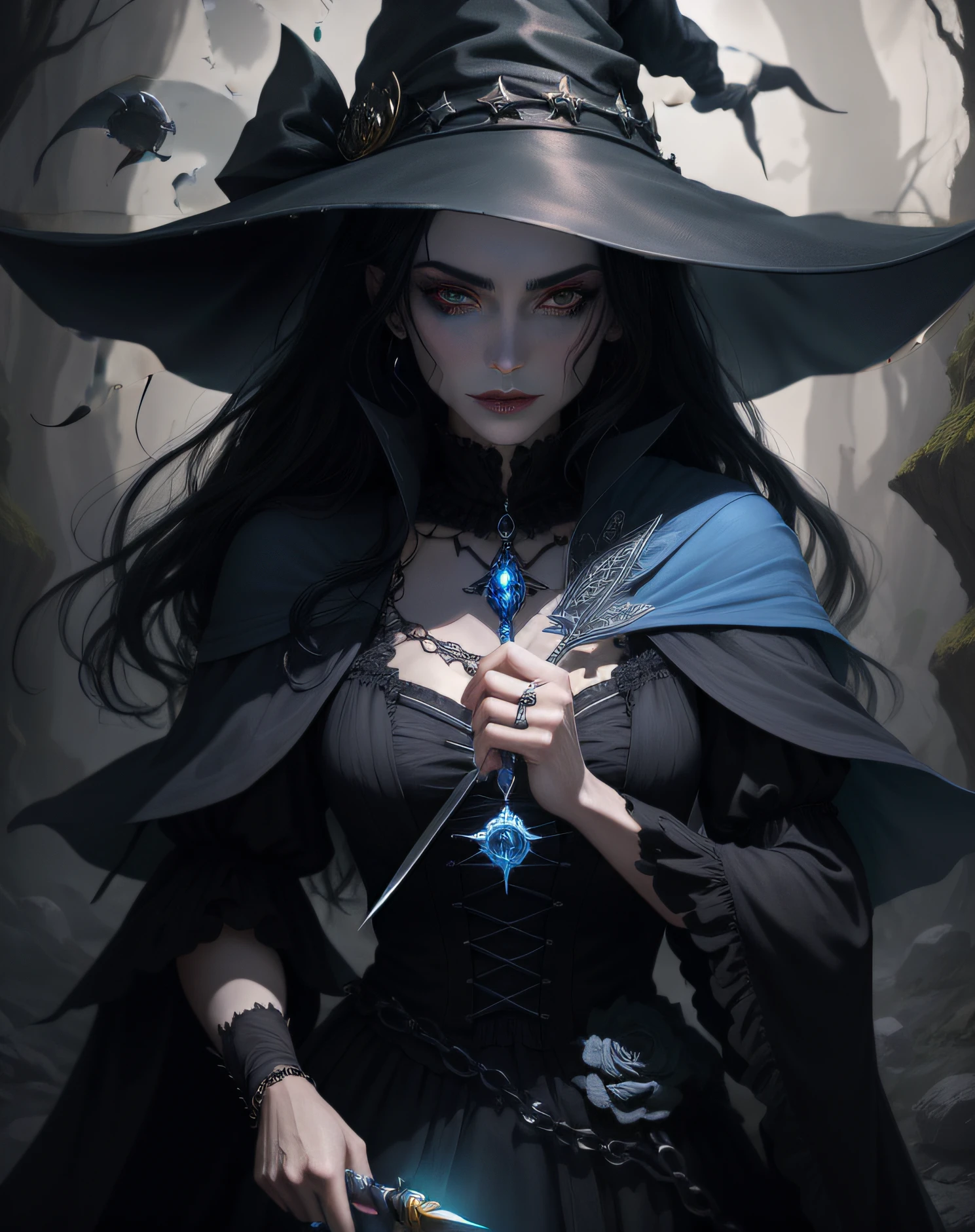 close up, Amouranth as Zatanna из DC Comics, epic villainess, witch, looking at viewer, wanting a kiss, Ghost, Dark, gothic, Ultra Detailed, blue transparent smoke swirls around her, real, high detail, best quality