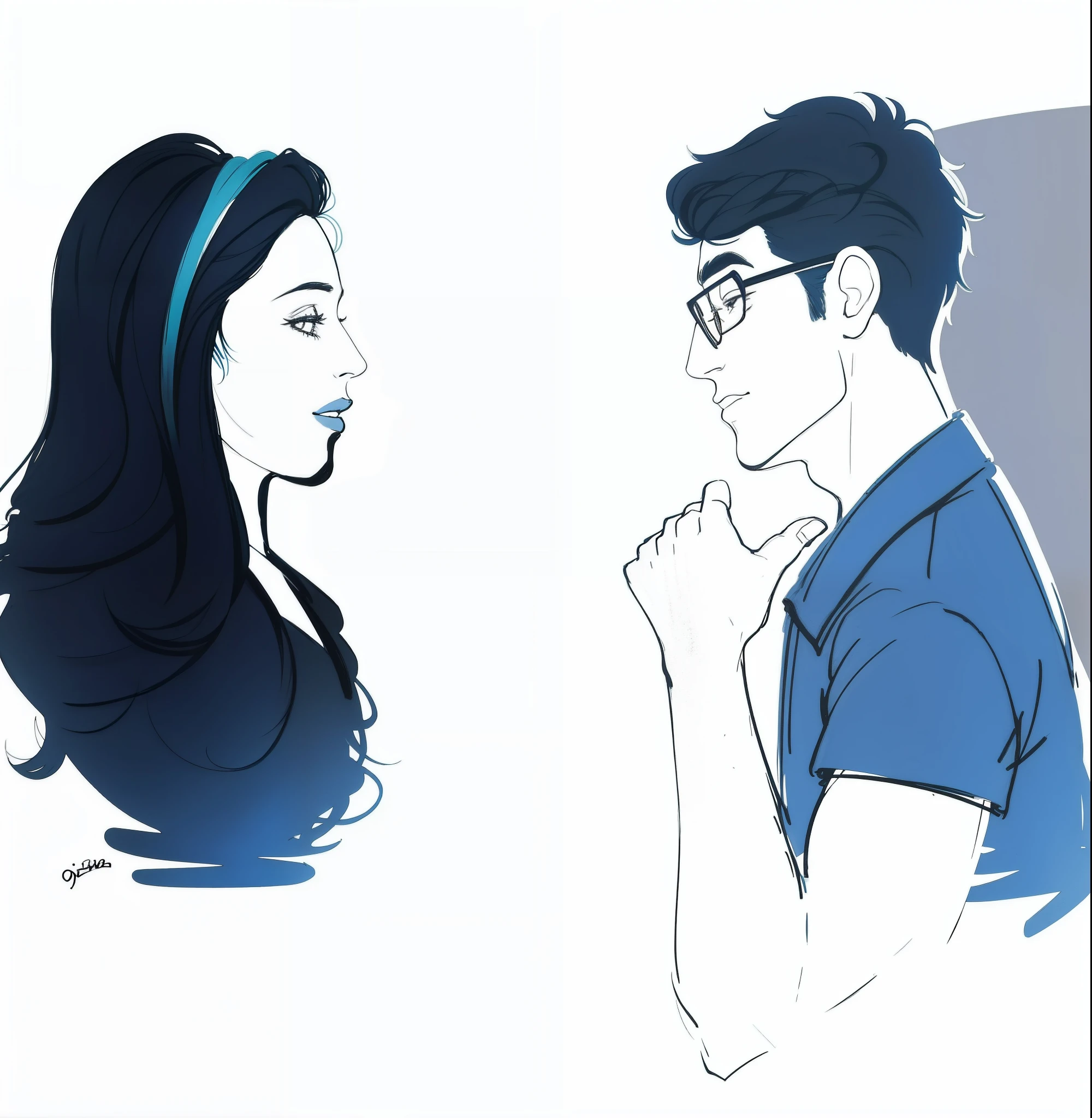 desenho animado de um homem e uma mulher conversando um com o outro, olhando um para o outro sem pensar, flerte intenso,