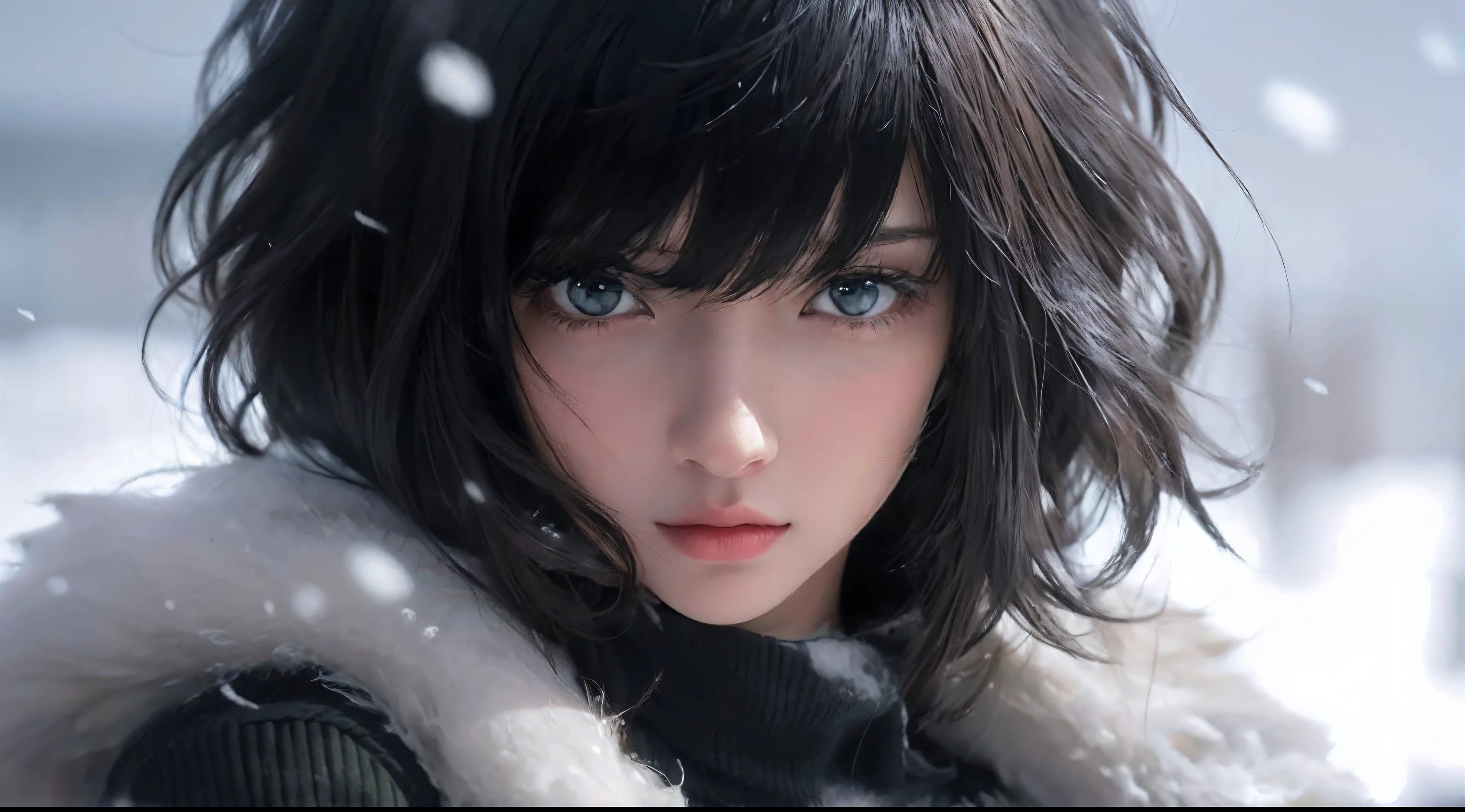 anime com cabelo preto e olhos verdes na neve,(realista), retrato impressionante do rosto do anime, (olhos e cabelos com muito detalhe), cabelos detalhados, retrato detalhado da meninaime, retrato bonito do anime, arte de anime digital detalhada, arte de anime realista, arte de anime digital, arte cg anime suave, estilo realismo anime, retrato da menina anime de anime bonita, realistic anime art style, menina anime retratgerm extremamente detalhado