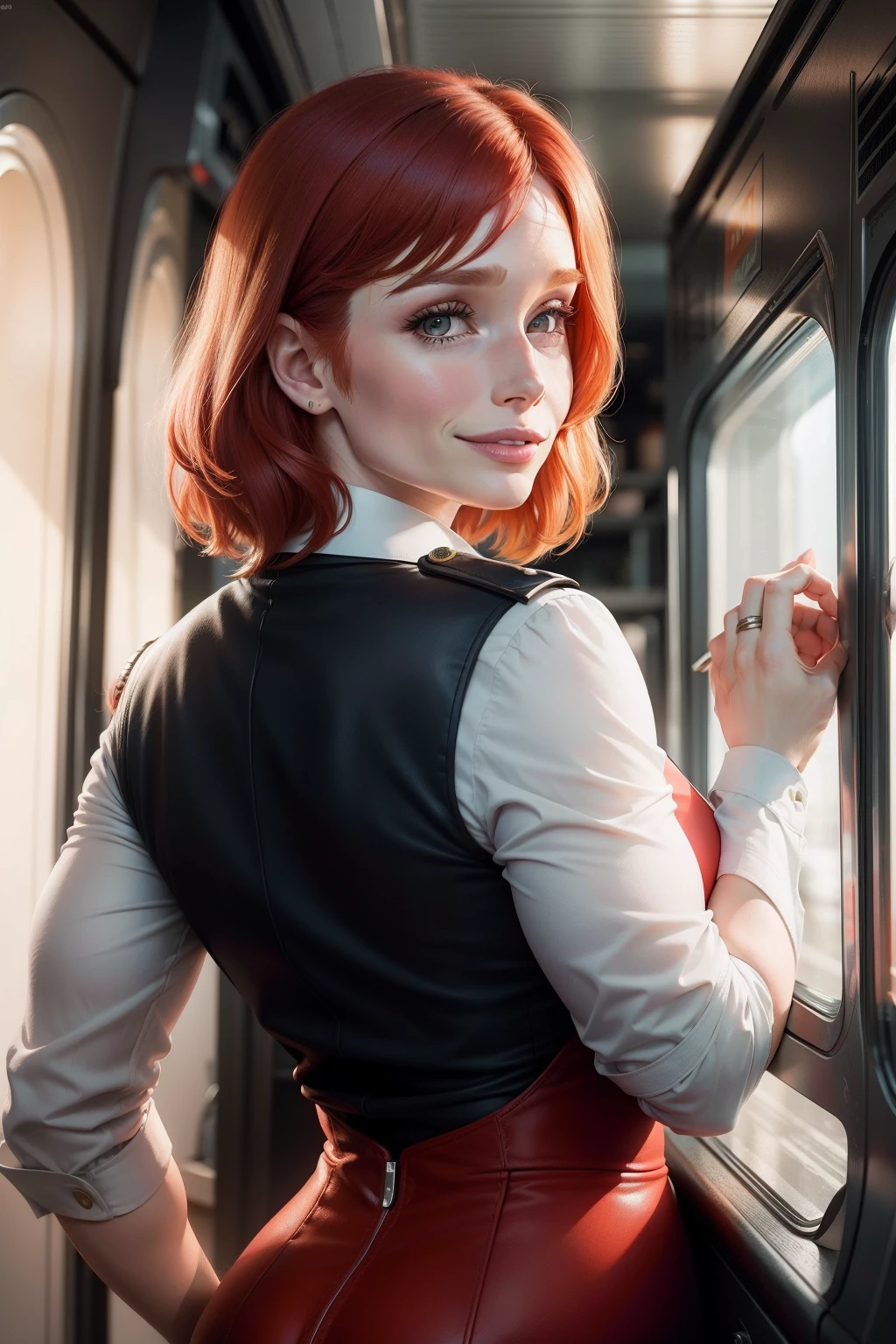 bryce dallas howard, portrait, back, ponitayl, air hostess, smiling, hot