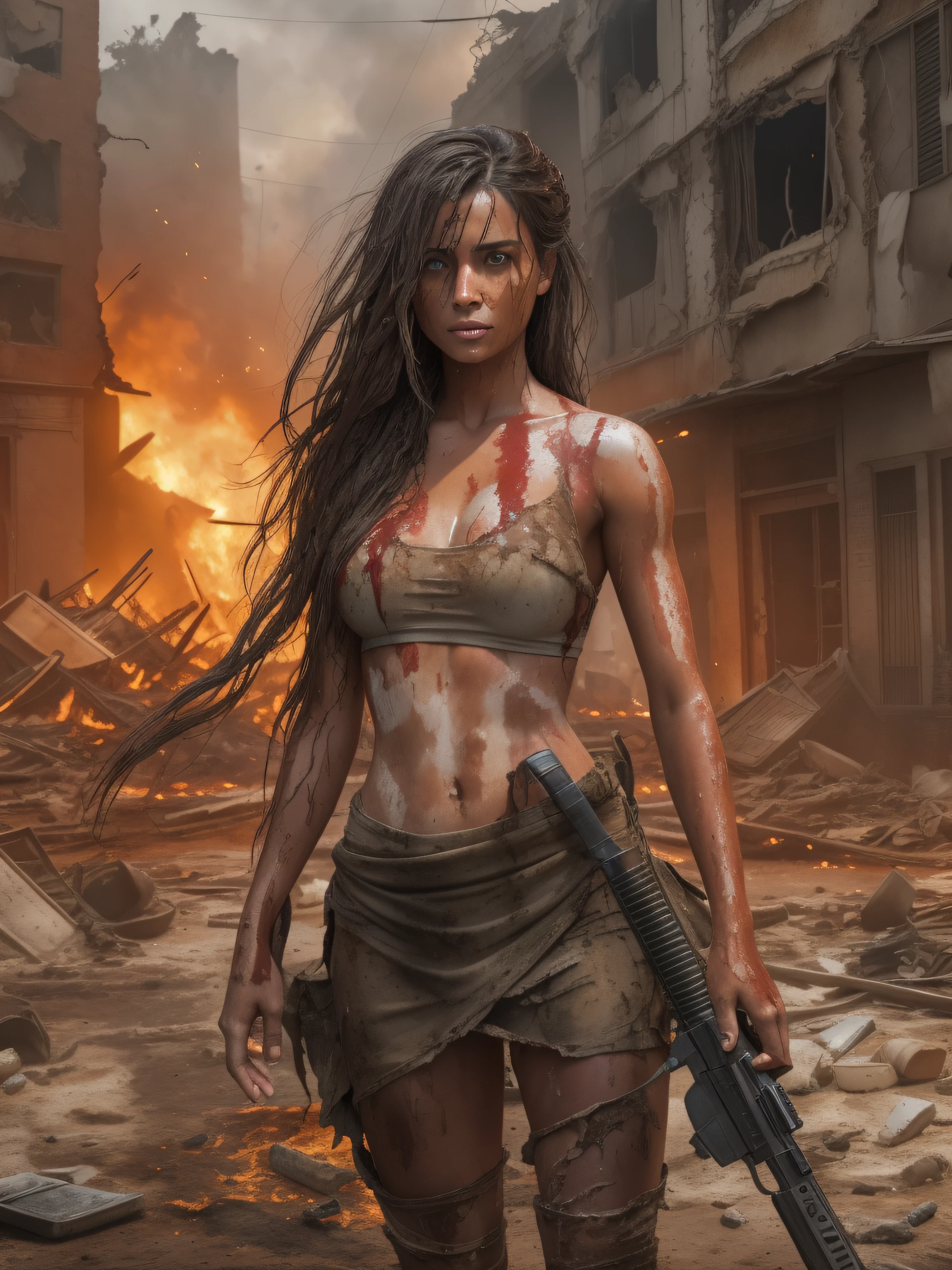 Three tanned woman with very long hair stumbles with a naked upper body, with a bleeding bullet wound in her right shoulder: full of mud, blood, wounds, and with a torn skirt through the streets of a destroyed city. Explosions and fires everywhere ravage the ruined city.A tanned woman with very long hair stumbles through the streets of a ruined city with a naked upper body, a bleeding gunshot wound in her left shoulder and her body dripping with sweat, which slides down glistening ower her breasts. An automatic rifle in her right hand, full of mud, blood and wounds, and wearing a torn skirt. Explosions and fires ravaged the devastated city everywhere.