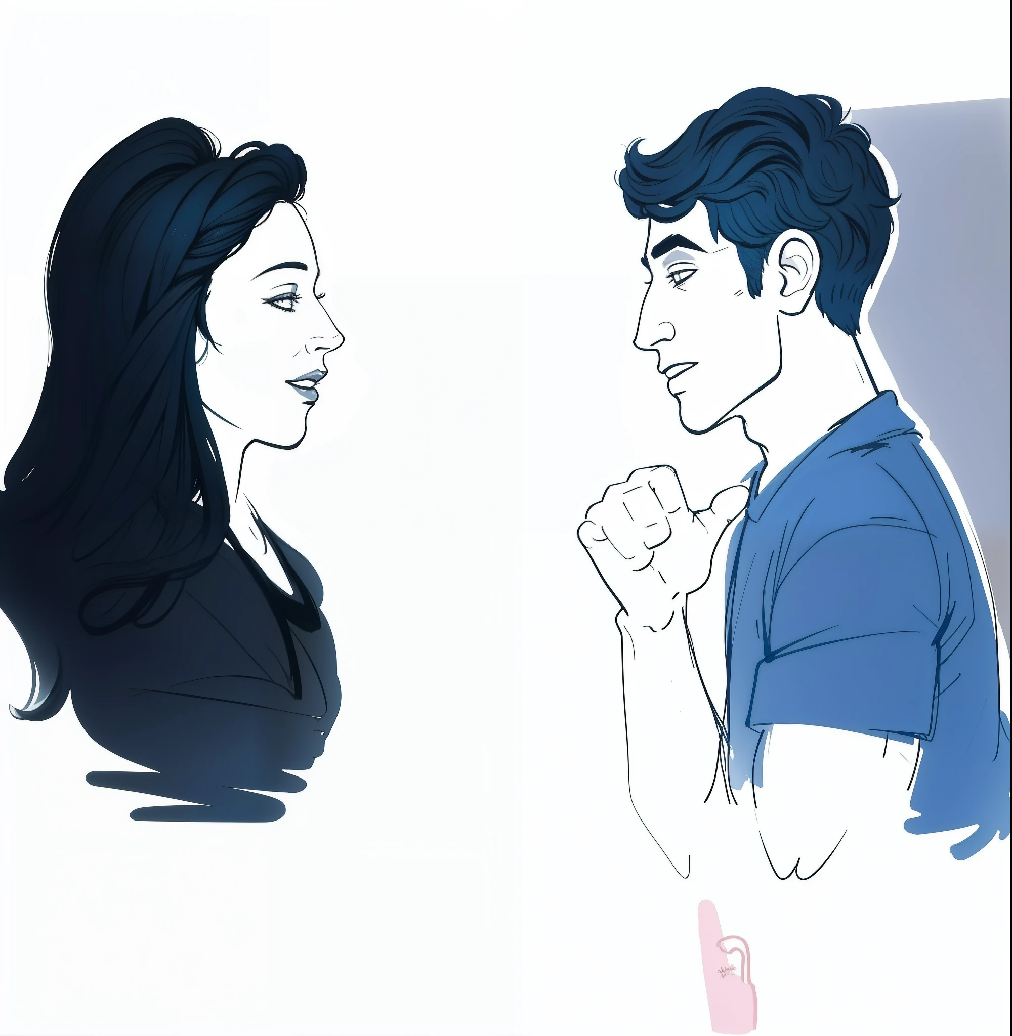 desenho animado de um homem e uma mulher conversando um com o outro, olhando um para o outro sem pensar, flerte intenso,