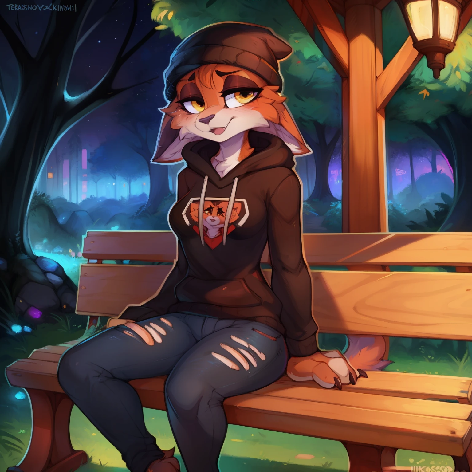 (best quality, masterpiece:1), solo, (shaded face:1.2), furry female anthro meowskulls, (noseless:1.1), sitting on bench, tail, medium breasts, bored, looking away, closed mouth, (mocking smile), (shivering:1.2), half-closed eyes, beanie, black hoodie, striped sleeves, black jeans, (park background, night), by kenket, Ross Tran, ruan jia, zaush, foxovh, by Zackary911, by hyattlen, by teranen, by fumiko, by Pixelsketcher, by Bayard Wu, by Thomas Benjamin Kennington, by Einshelm, by Kilinah, by Coffeesoda, by Hioshiru, by fluff-kevlar, by r-mk, by Dimwitdog