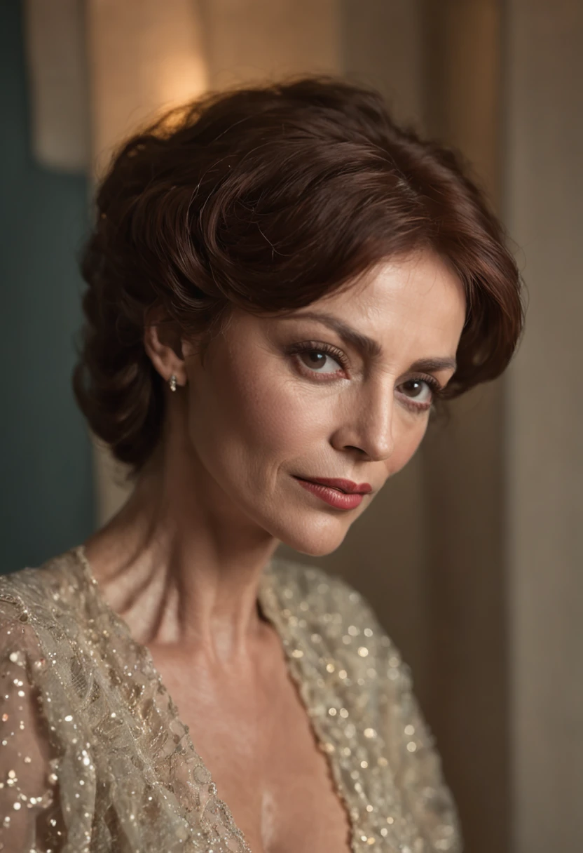 Sofia Loren is captured in a photograph taken by Nan Goldin, (high detailed skin:1.2), 8k uhd, dslr, soft lighting, high quality, film grain, Fujifilm XT3