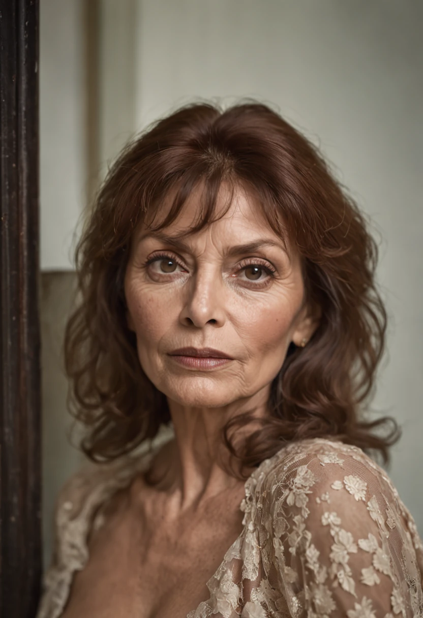 Sofia Loren is captured in a photograph taken by Nan Goldin, (high detailed skin:1.2), 8k uhd, dslr, soft lighting, high quality, film grain, Fujifilm XT3