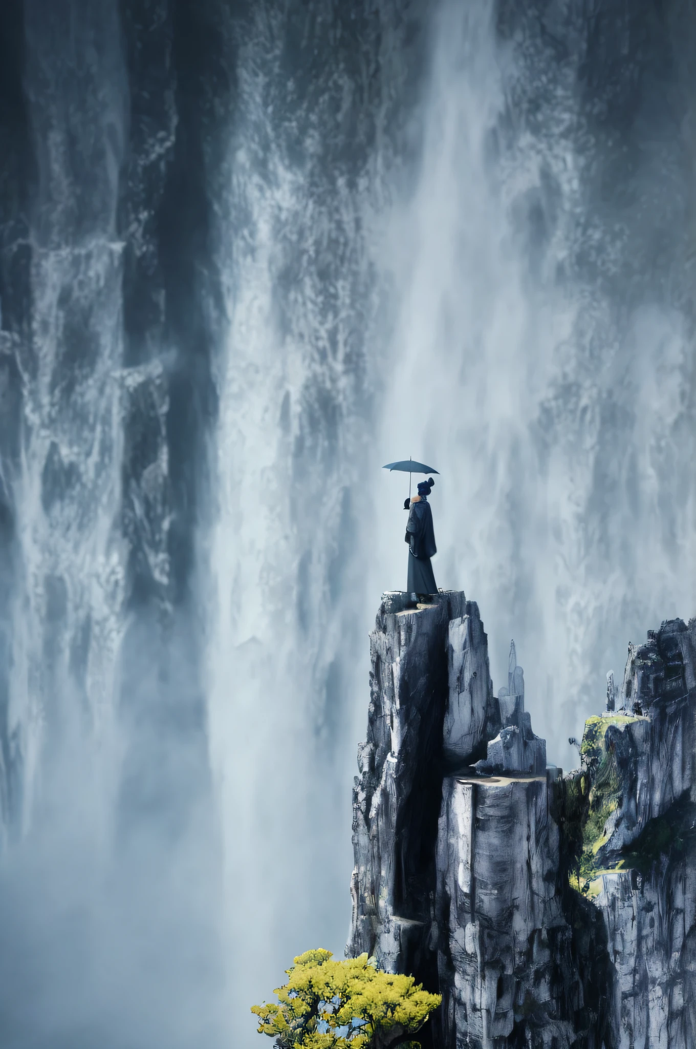 There was a man standing on a cliff with an umbrella, fantasy movie still, stunning vfx, epic cinematic shot, stunning cinematography, Visually stunning scene, fantasy movie still, Cinematic epic shots, dramatic cinematic shot, 4 k movie still, 4k movie still, epic cinematic matte painting, denis villeneuve cinematography, cinematic widescreen shot, Solitude under the waterfall