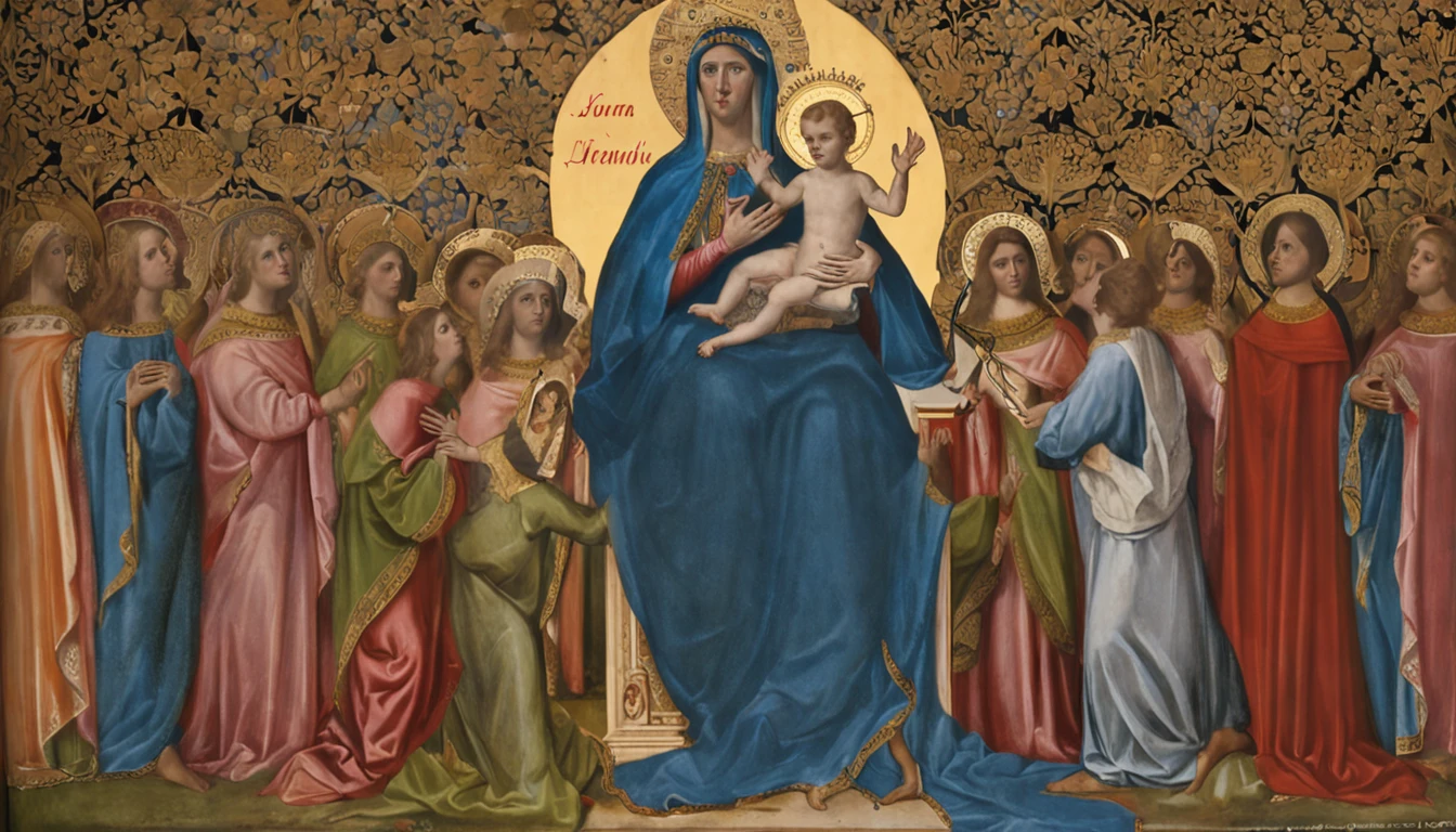 uma pintura de uma mulher com uma coroa e outras pessoas ao seu redor, queen of heaven, Virgem Maria, catholic religious art, Directed by: Eugeniusz Zak, Retrato da Virgem Maria, Holy, Directed by: Antonio de la Gandara, Directed by: Cristofano Allori, Directed by: Roman Bezpalkiv, obra-prima', imagens sagradas, majestosa mulher de santo, arte sacra, Catholic