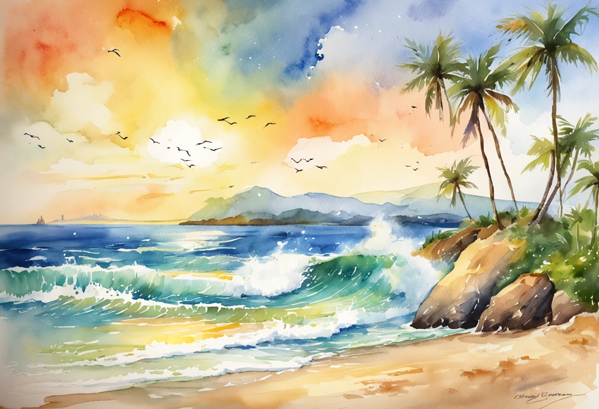 Pixar style minimalist vector of beautiful island sunrise, A secluded beach with small waves gently crashing against the beach, Open view of the calm emerald sea, The sun breaks the horizon、Rainbow rays gently piercing the sky