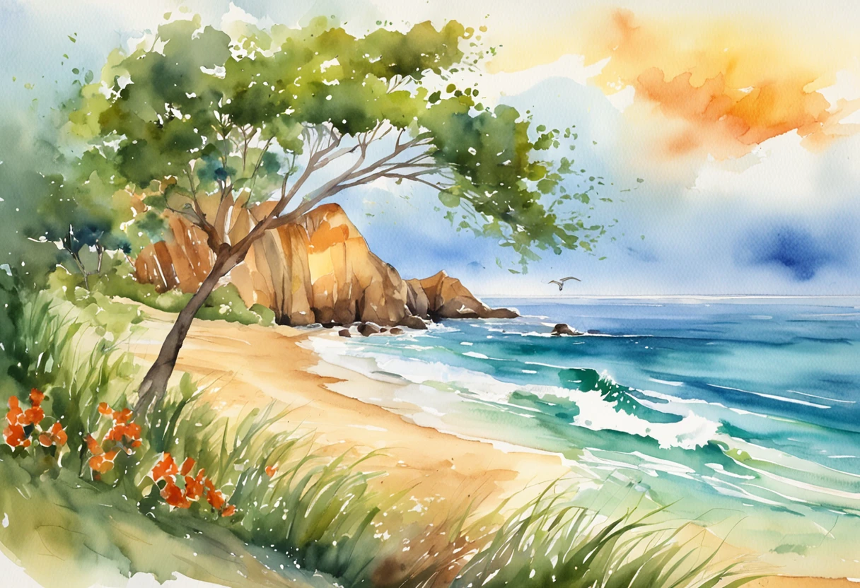 Pixar style minimalist vector of beautiful island sunrise, A secluded beach with small waves gently crashing against the beach, Open view of the calm emerald sea, The sun breaks the horizon、Rainbow rays gently piercing the sky