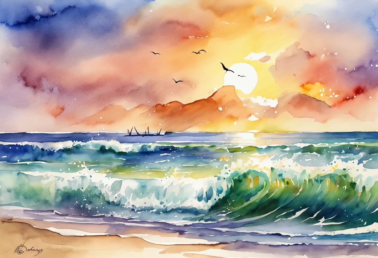 Pixar style minimalist vector of beautiful island sunrise, A secluded beach with small waves gently crashing against the beach, Open view of the calm emerald sea, The sun breaks the horizon、Rainbow rays gently piercing the sky