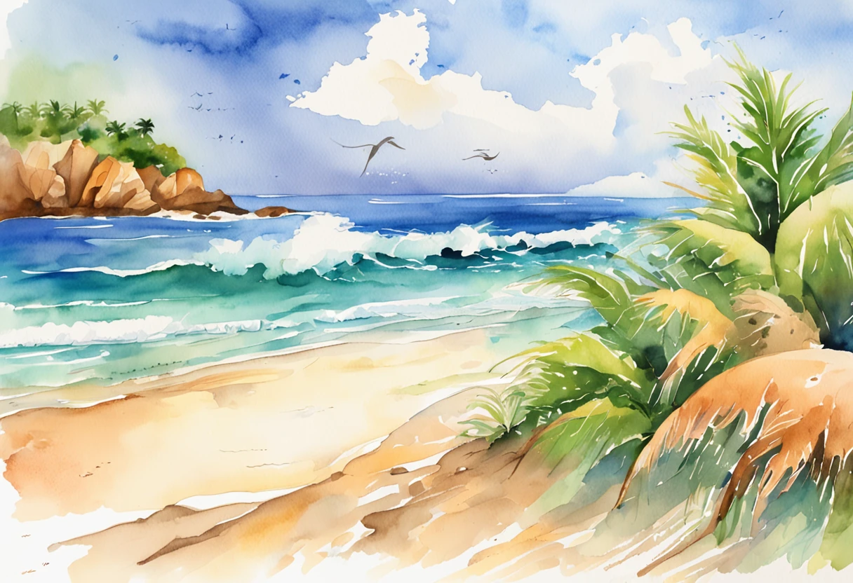 Pixar style minimalist vector of beautiful island sunrise, A secluded beach with small waves gently crashing against the beach, Open view of the calm emerald sea, The sun breaks the horizon、Rainbow rays gently piercing the sky