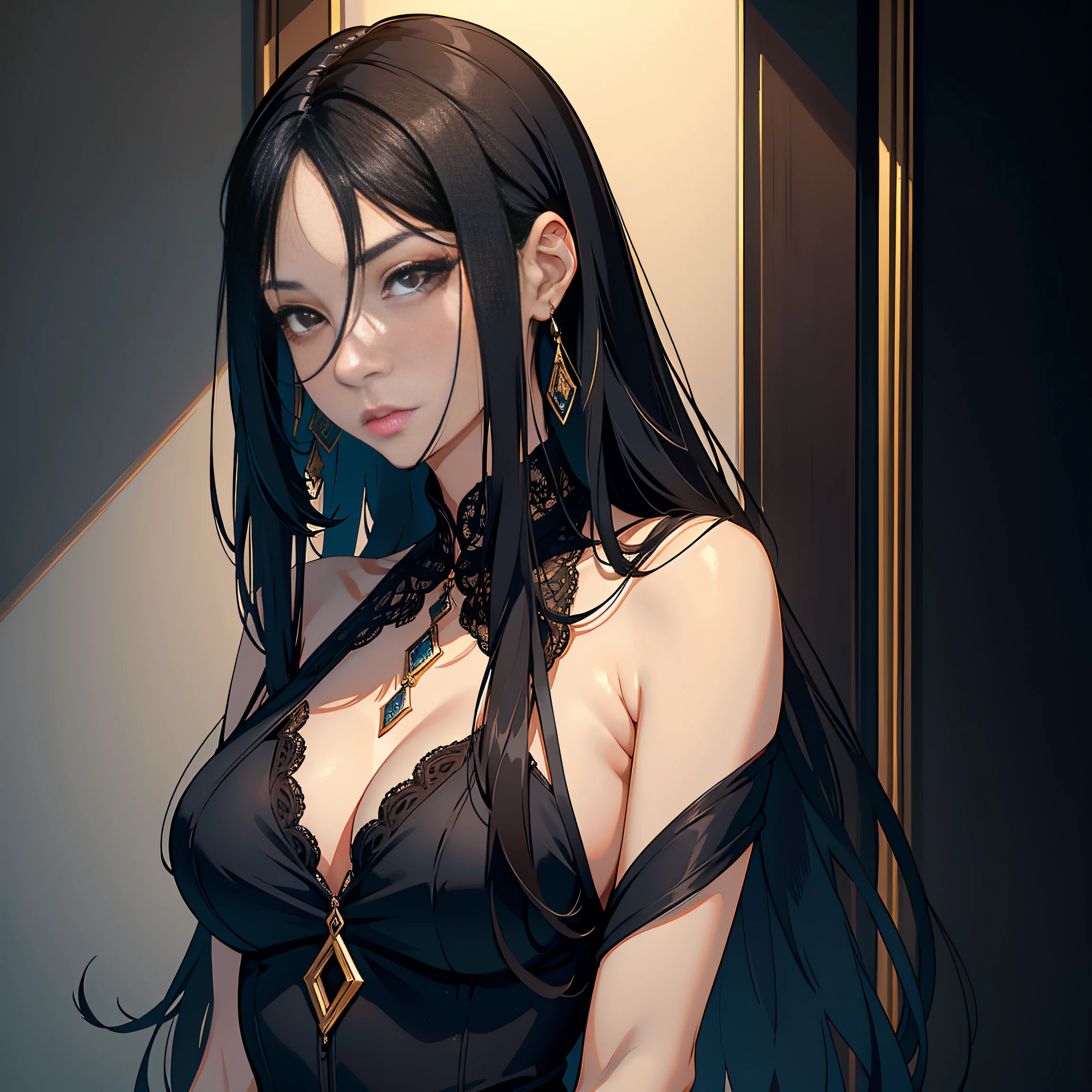 woman in her mid-30s, with long black hair and brown eyes. She is a tall, slender woman with an upright posture and a knowing expression on her face,best quality, high detail, (detailed face), detailed eyes,((best quality, masterpiece)),