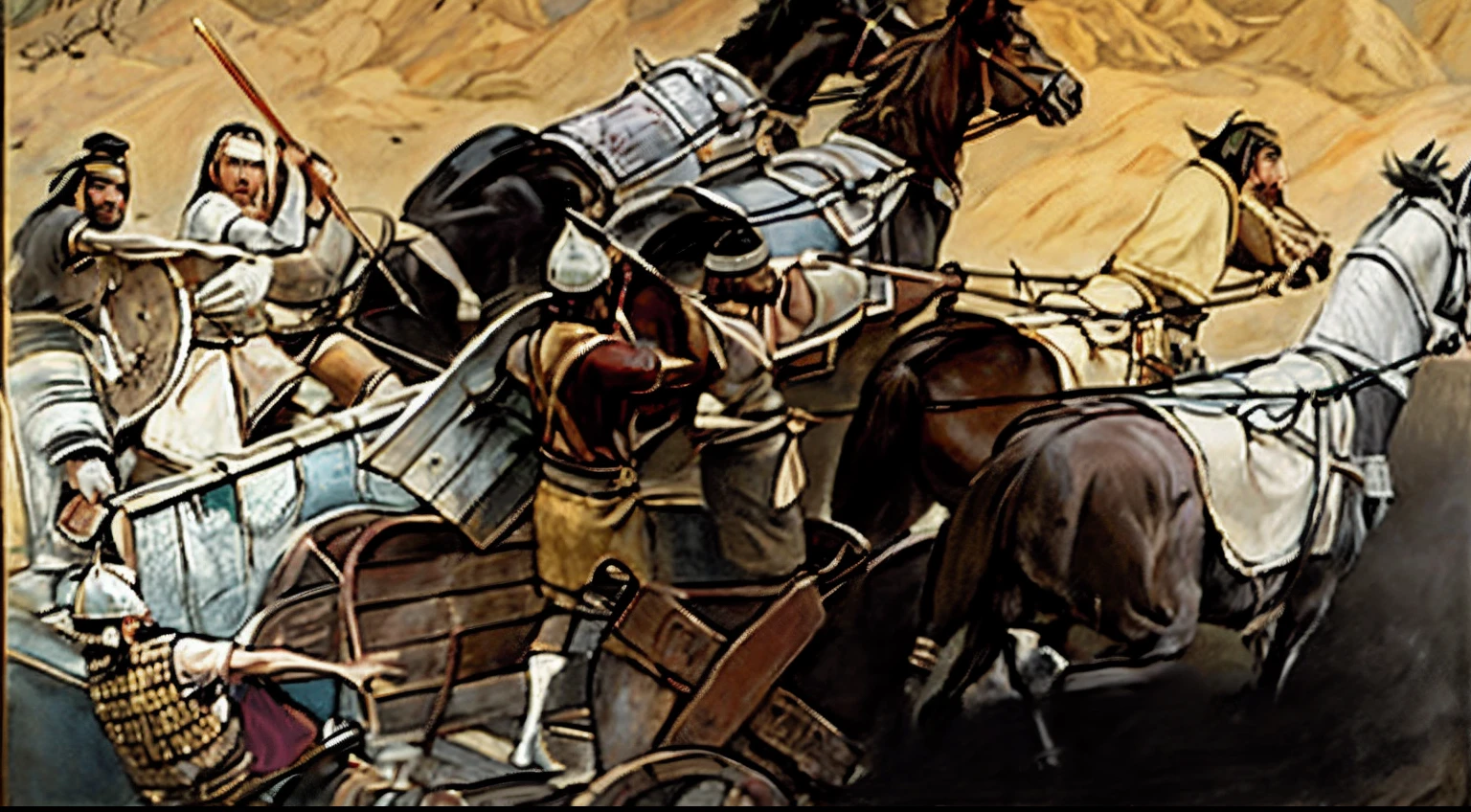 pintura de um grupo de homens montados no lombo de cavalos, trojan war, historical artistic depiction, Batalha distante de Cannae 216 a.C., Award-winning historical painting, hystorical painting, Directed by: Laszlo Balogh, comerciantes em fuga, Jantar de Guerra, history painting, carruagem, artista desconhecido, dramatic artwork, mongolian invasion of iraq, epic biblical representation